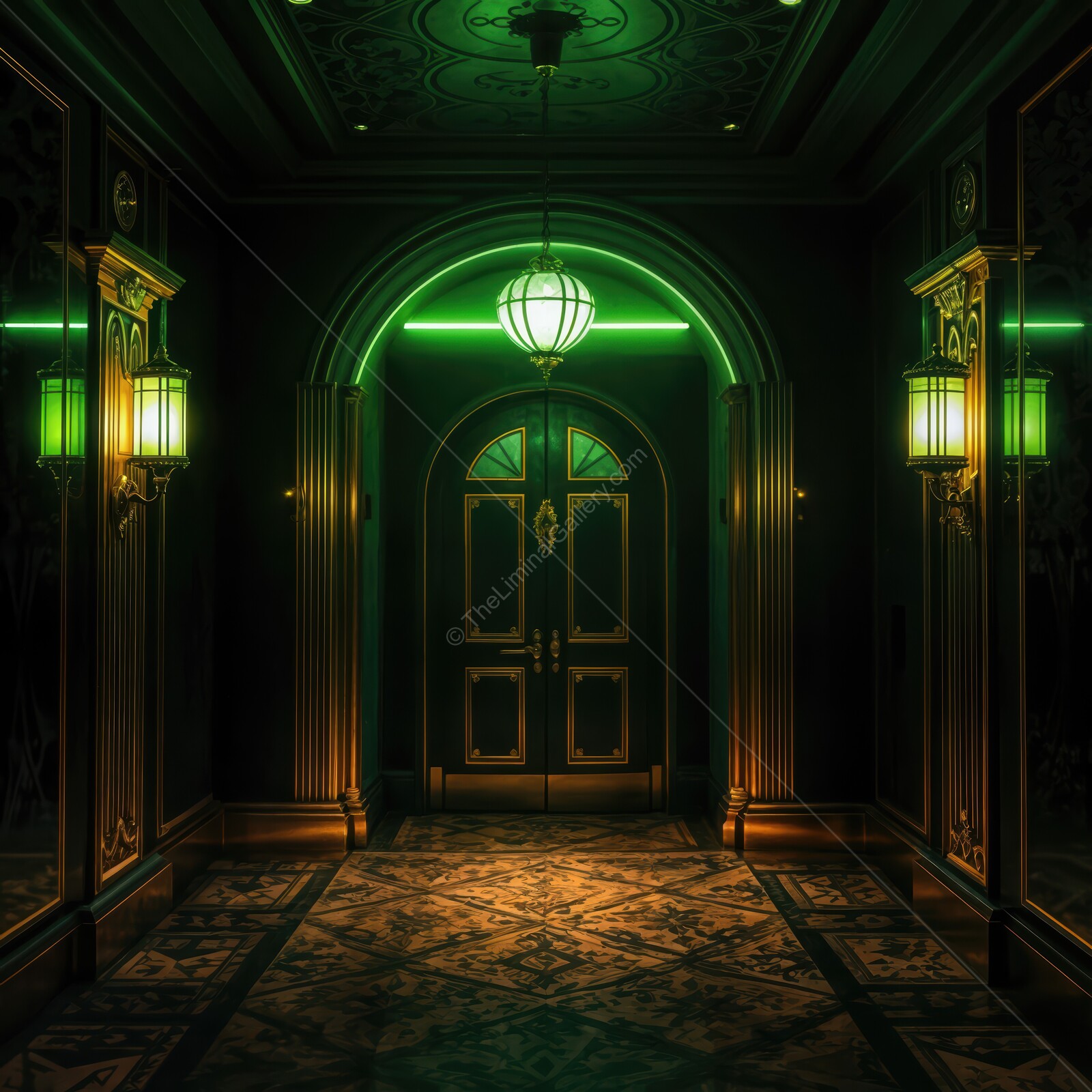 Mystical art deco corridor with green lights inviting exploration and intrigue at midnight