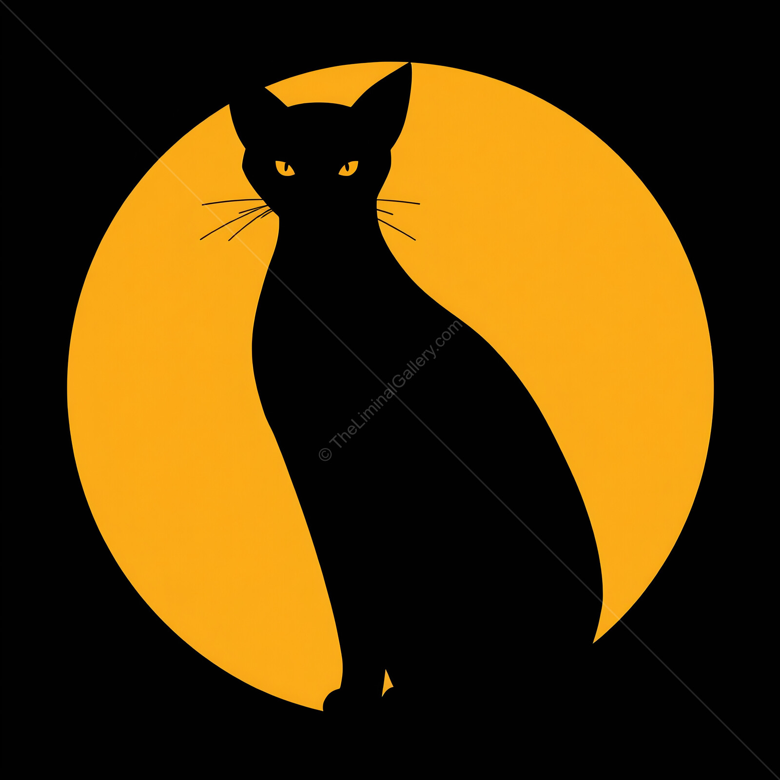 Art deco silhouette of a cat against a glowing harvest moon at night