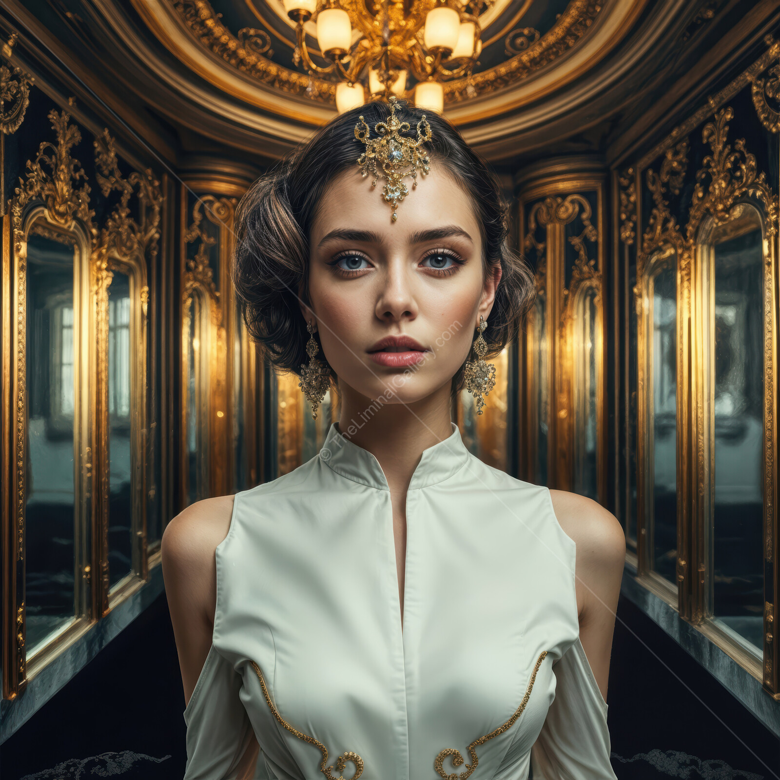 Elegant woman in ornate gown poses in a lavish mirror-filled hallway at dusk