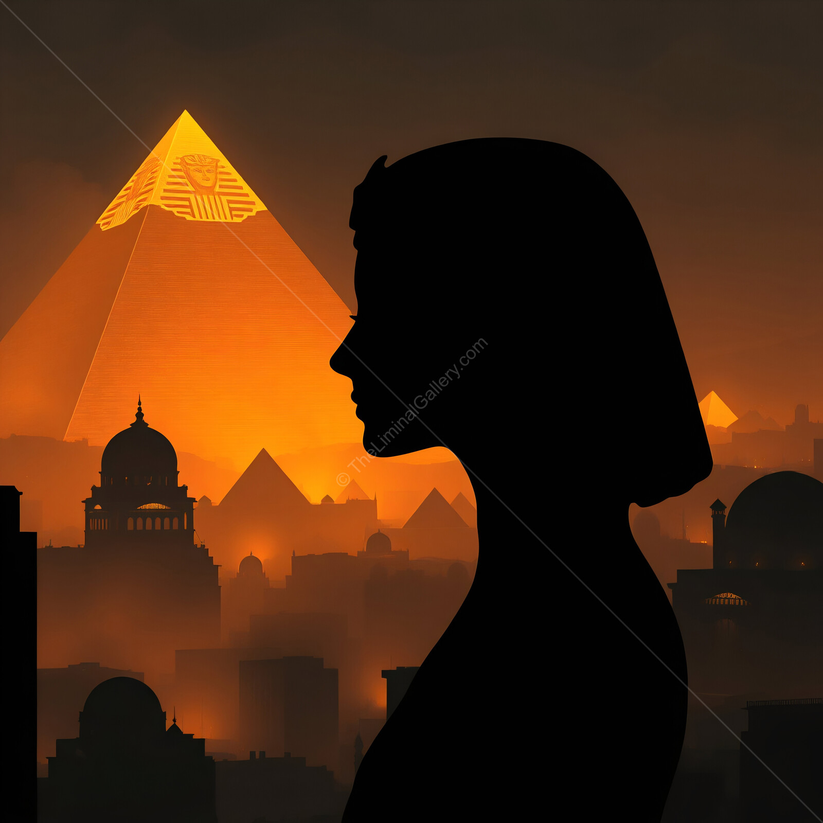 Art deco silhouette of a queen against the glowing pyramids at sunset in ancient Egypt