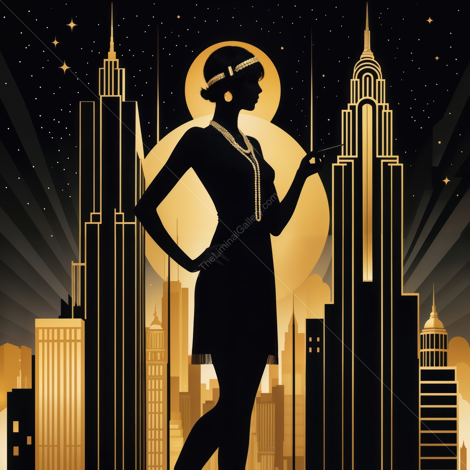 Silhouette of a flapper dancer with iconic skyscrapers against a starry night in a vintage style