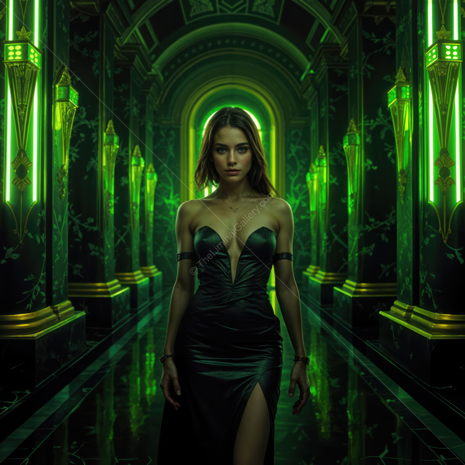 Striking figure walks through an enchanting emerald-lit corridor at night