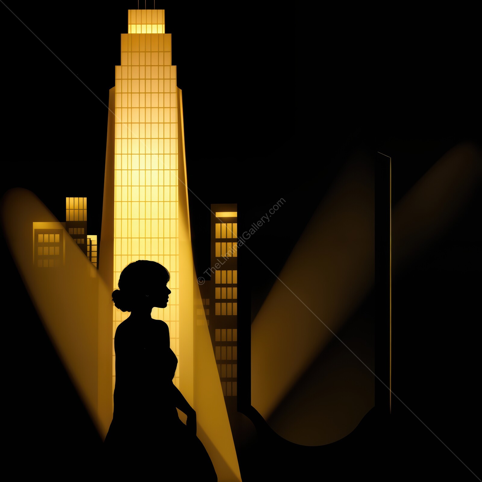 Elegant deco silhouette framed by a glowing city skyline at dusk in a vibrant urban setting
