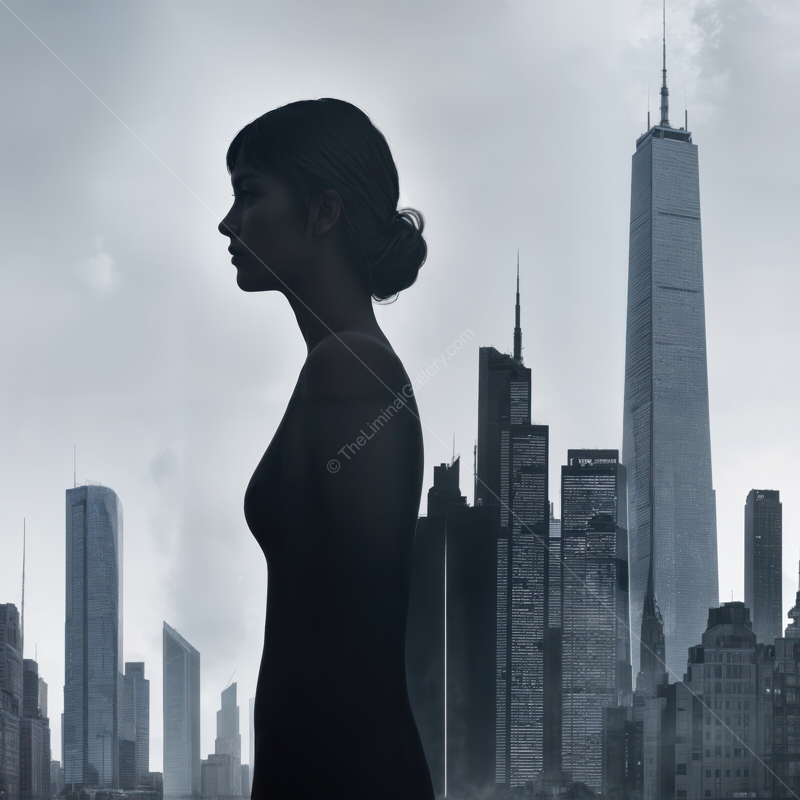 Silhouette of a woman against a dramatic skyline at dusk, highlighting urban beauty and introspection
