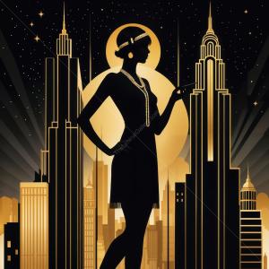 Silhouette of a flapper dancer with iconic skyscrapers against a starry night in a vintage style
