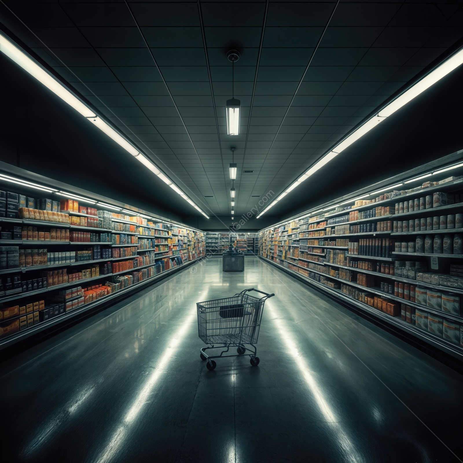 Empty grocery aisle showcases a lone shopping cart under bright fluorescent lights