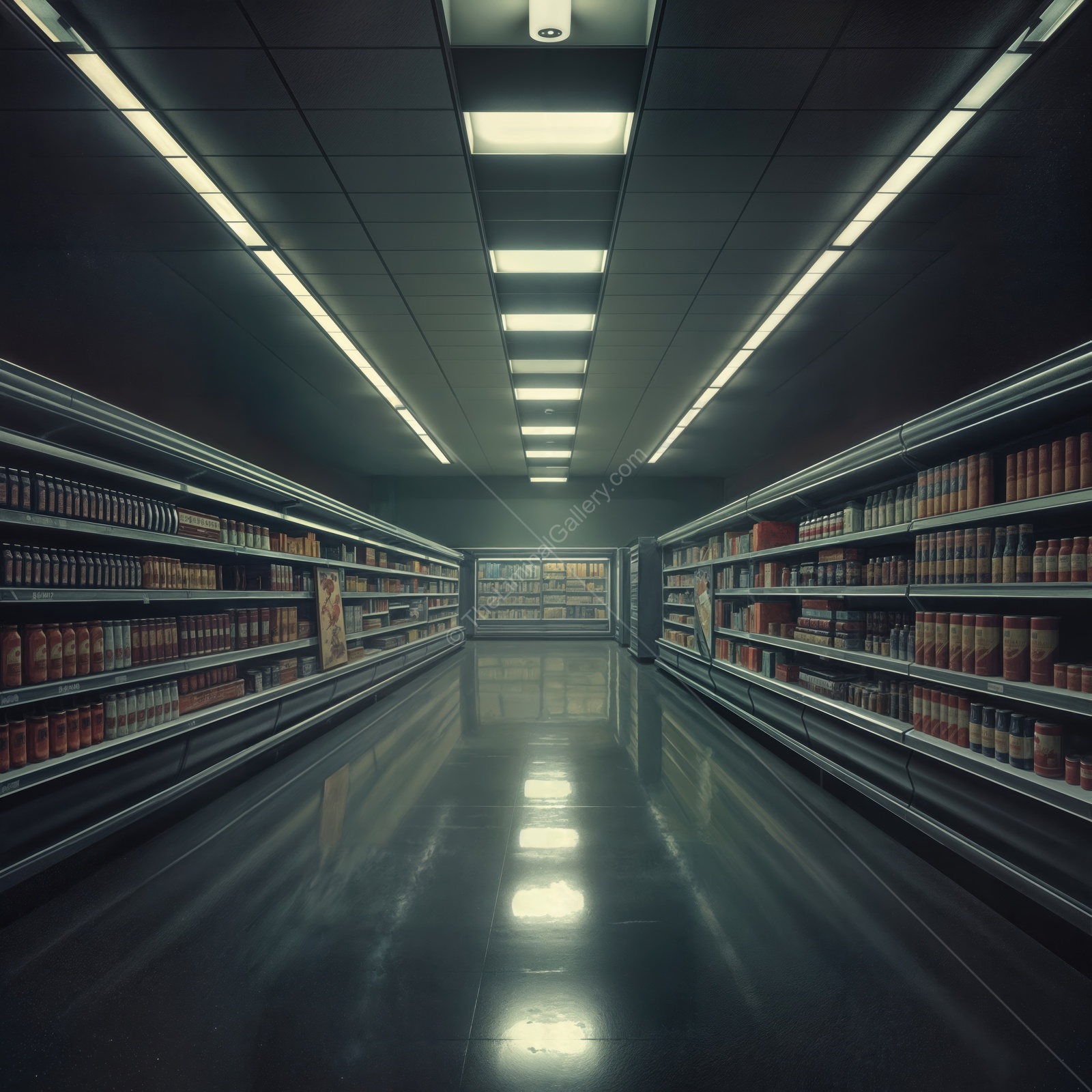 Exploring an empty aisle in a dimly lit liminal grocery store during late night shopping
