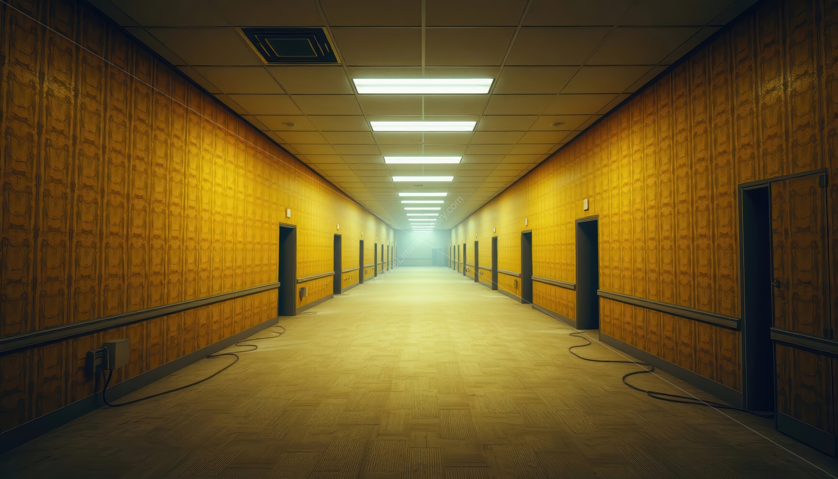 An endless expanse of damp, yellow walls and humming fluorescent lights defines the unsettling environment of Level 0, The Lobby.