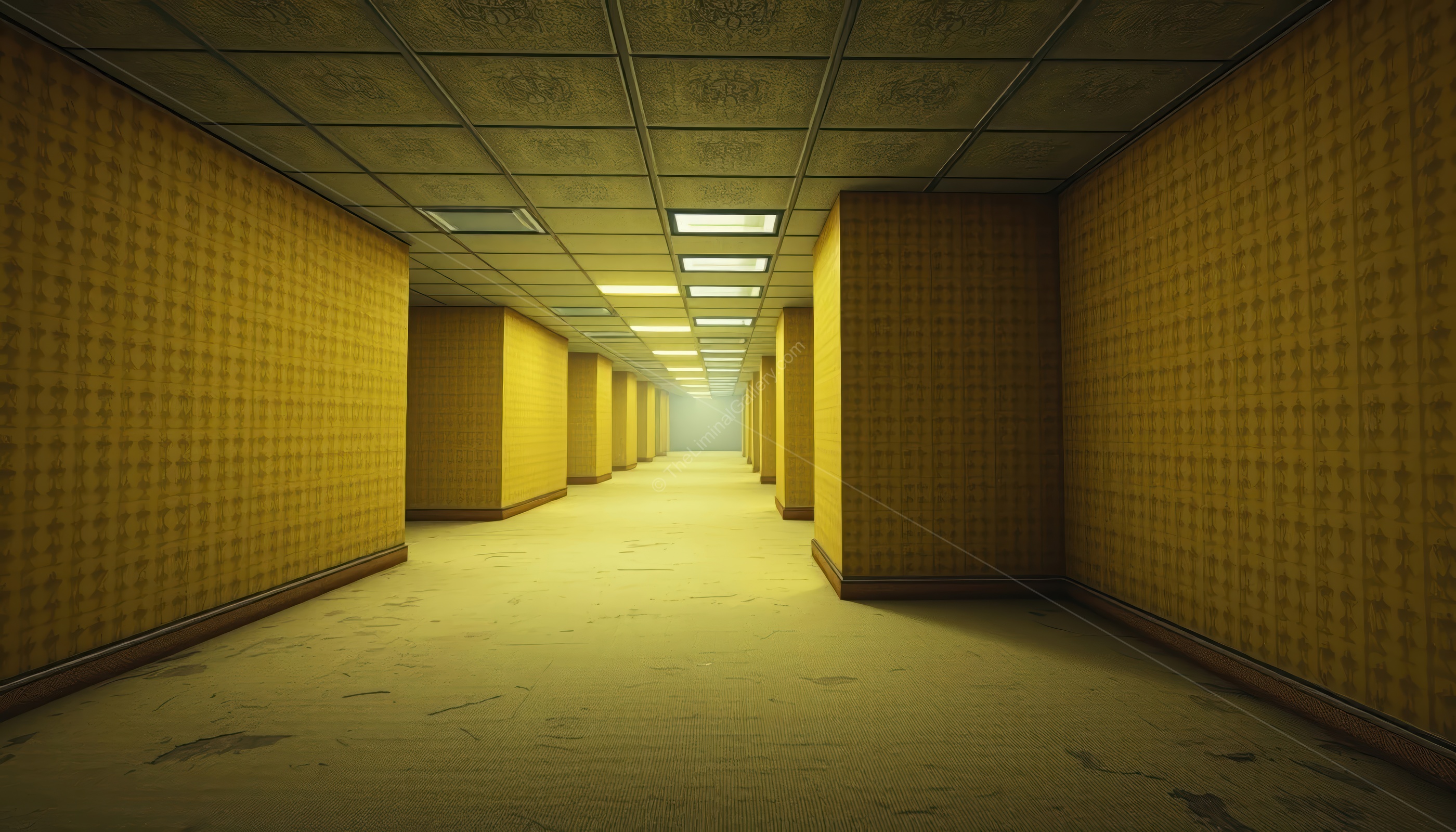 A surreal and empty corridor in Level 0, The Lobby, illuminated by harsh fluorescent lights, capturing the unsettling essence of liminal spaces.