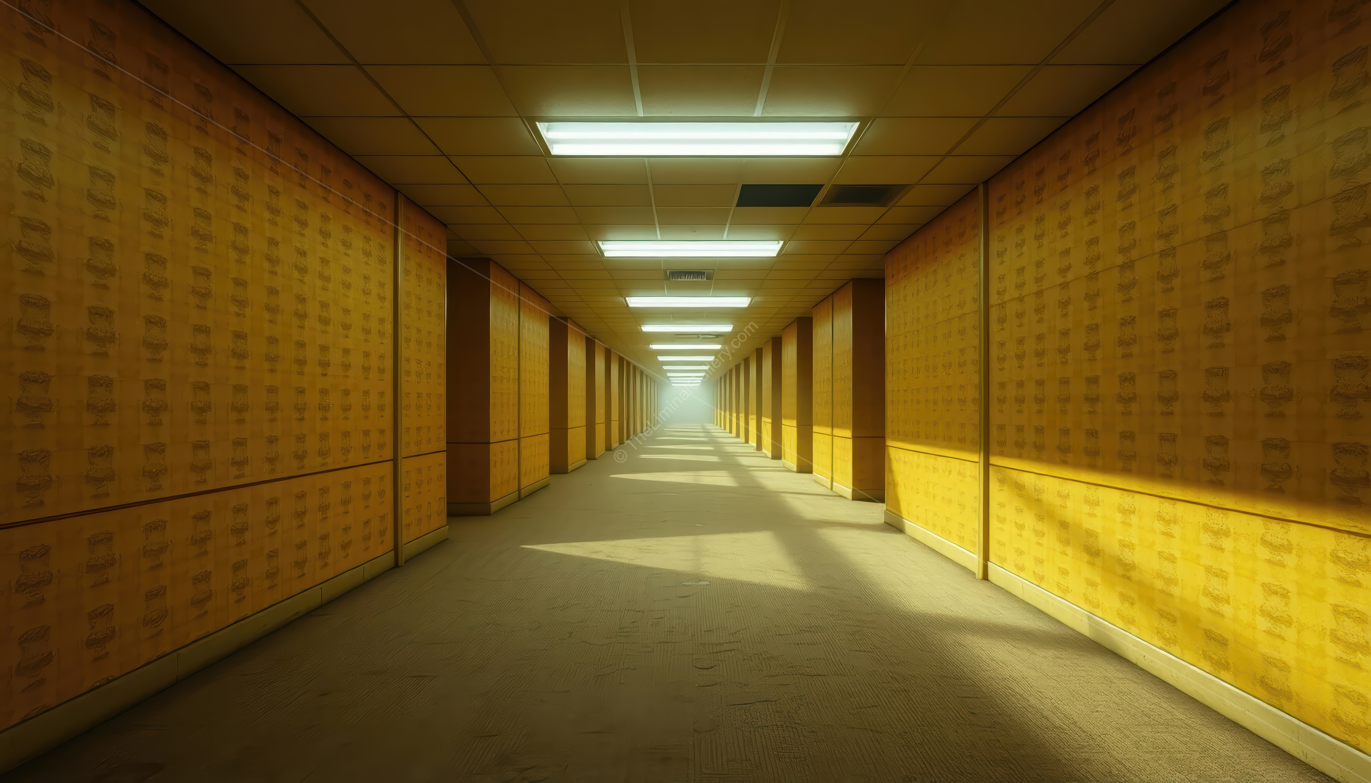 Dim fluorescent lights cast long, distorted shadows in Level 0, The Lobby, emphasizing the disorientation and liminality.