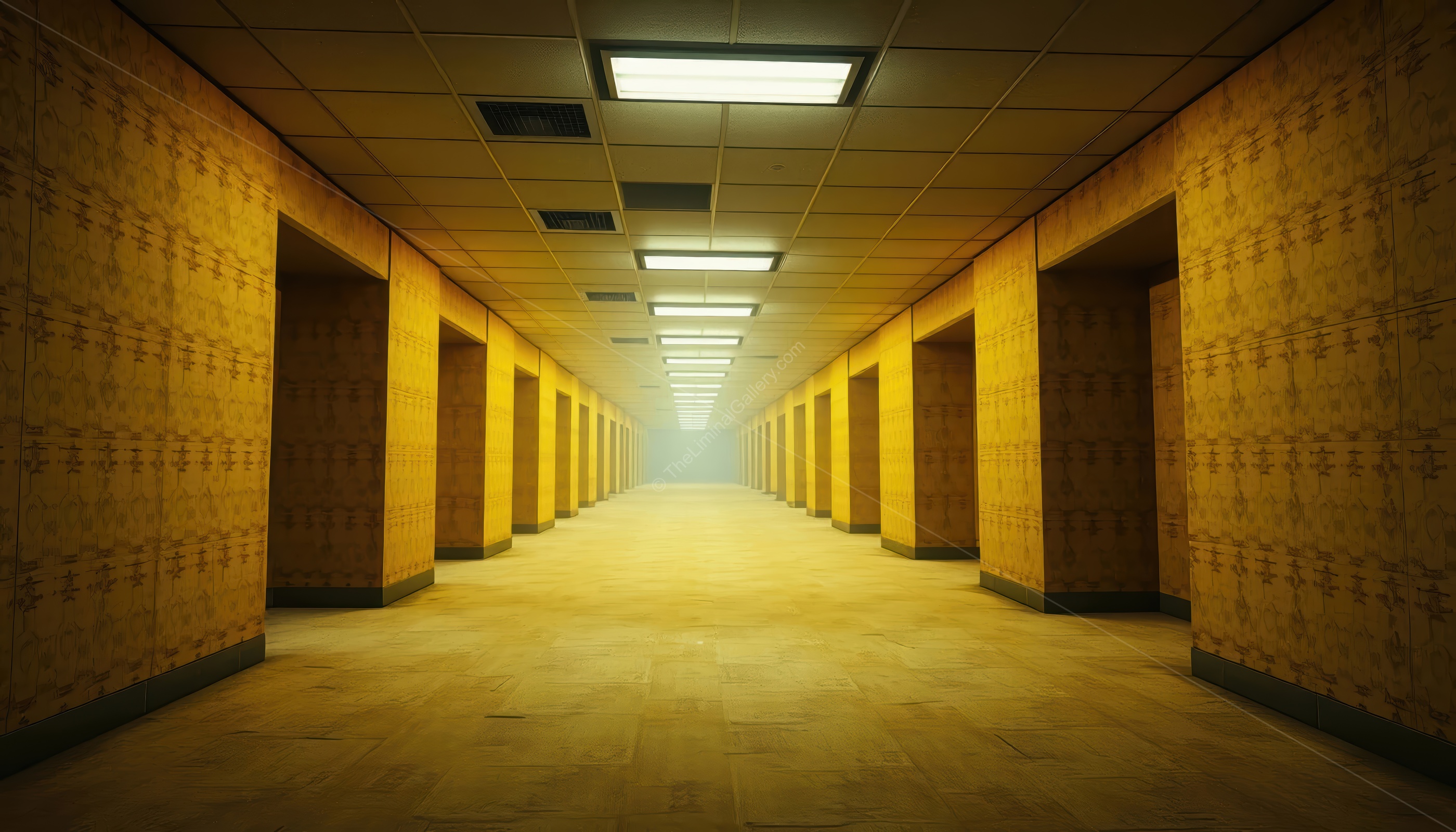 A mundane office setting in Level 0, The Lobby, twisted by the impossible geometry and overwhelming emptiness.
