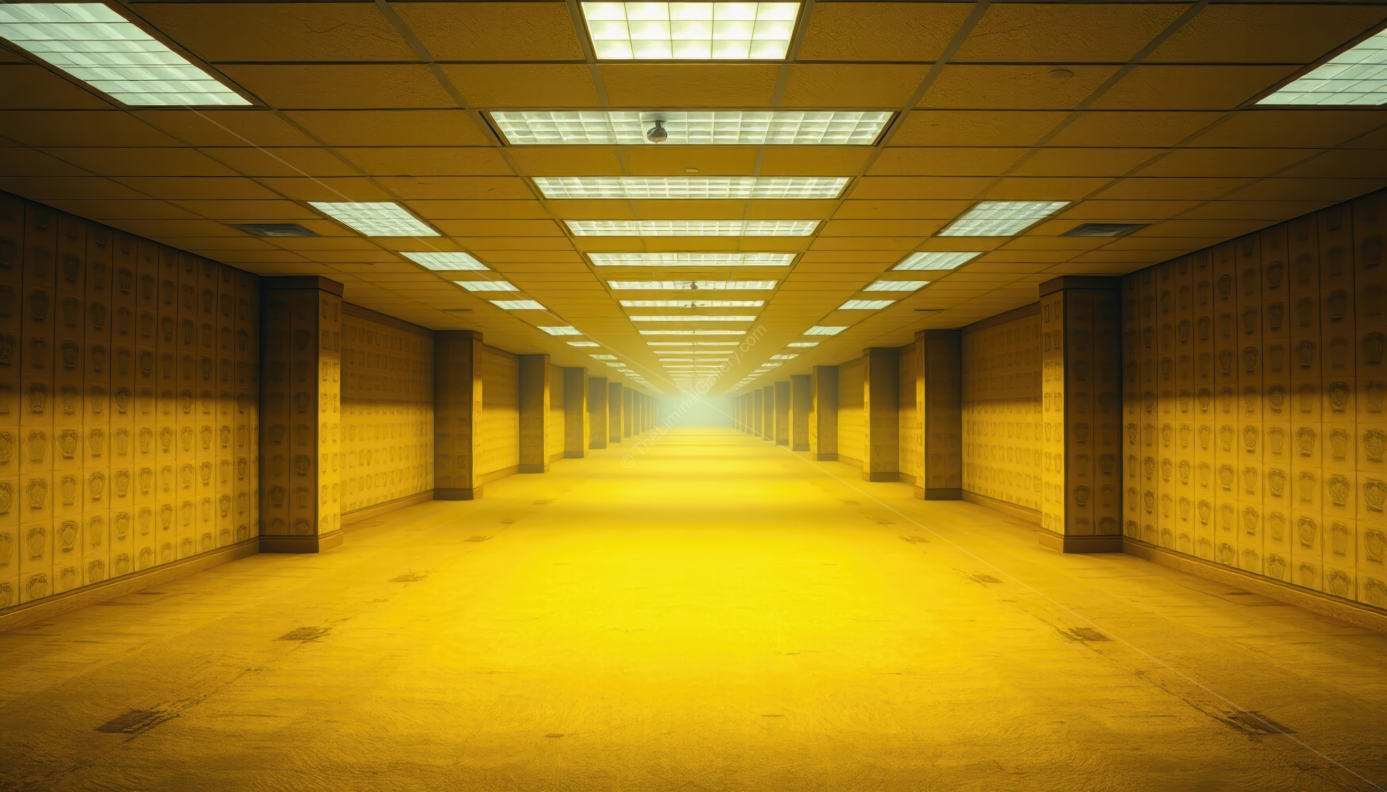 The unsettling hum of fluorescent lights blends with the oppressive silence of Level 0, The Lobby, creating a chilling atmosphere.