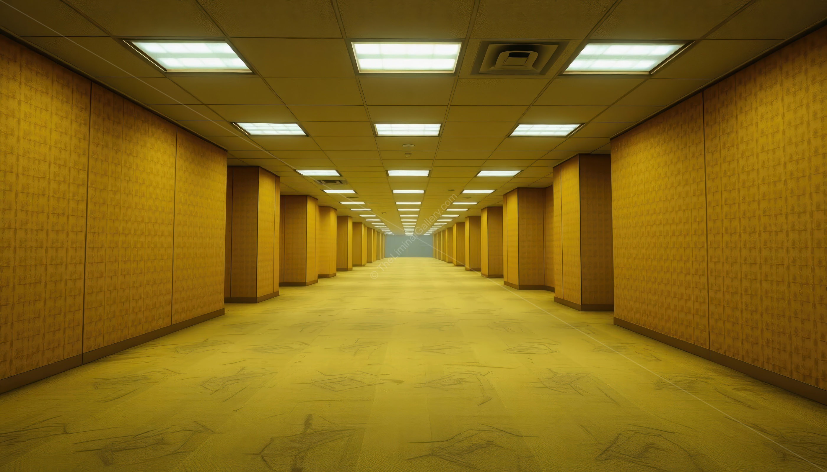 The linoleum floor reflects the harsh overhead lights, creating a feeling of confinement in Level 0, The Lobby.