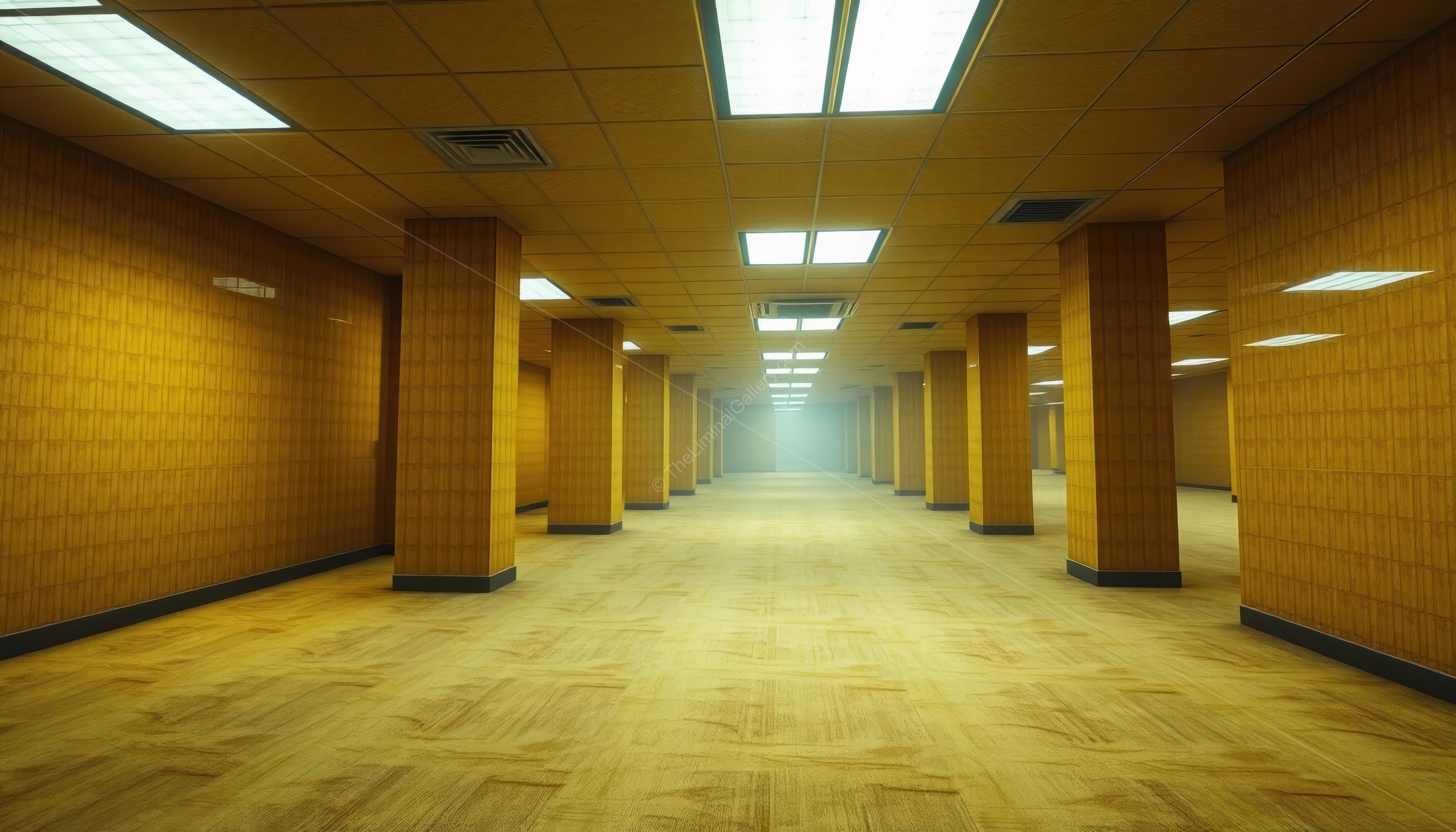 The perspective is twisted by repeating pillars, creating a disorienting maze in Level 0, The Lobby.
