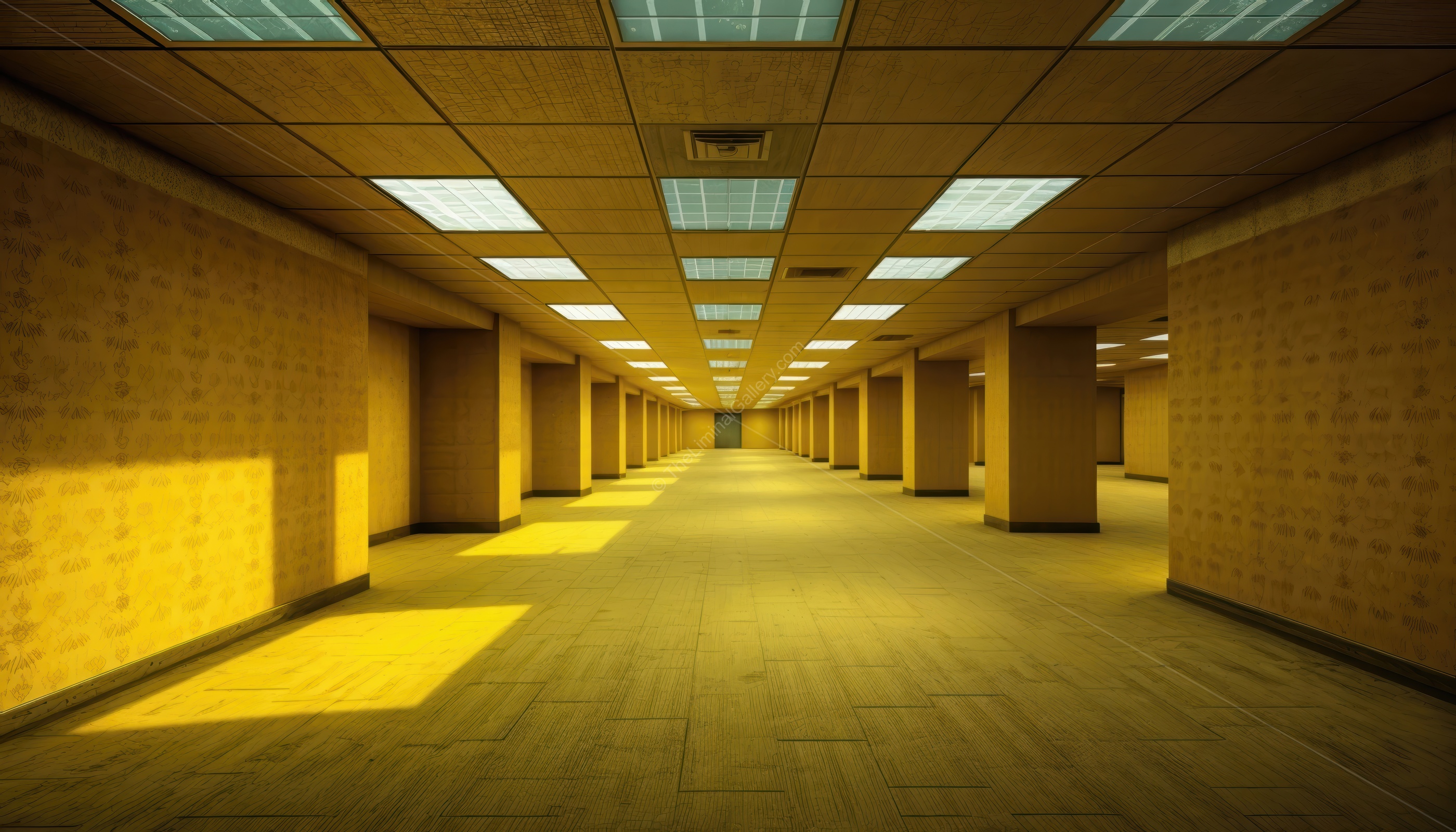 The stark geometry of repeating pillars emphasizes the uncanny emptiness of Level 0, The Lobby.