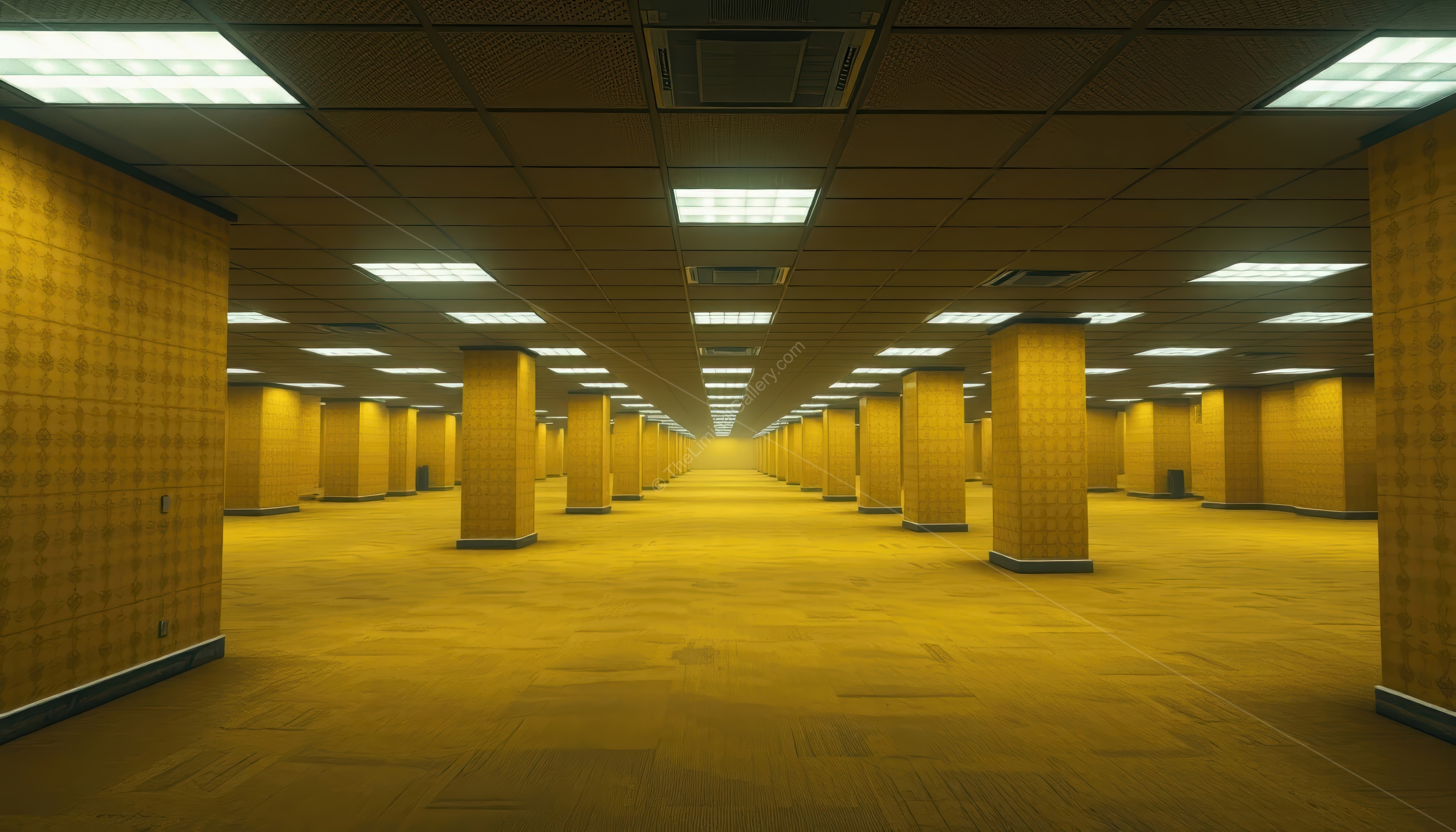 An eerie scene of repeating pillars in Level 0, The Lobby, evoking the unsettling and infinite geometry of the Backrooms.