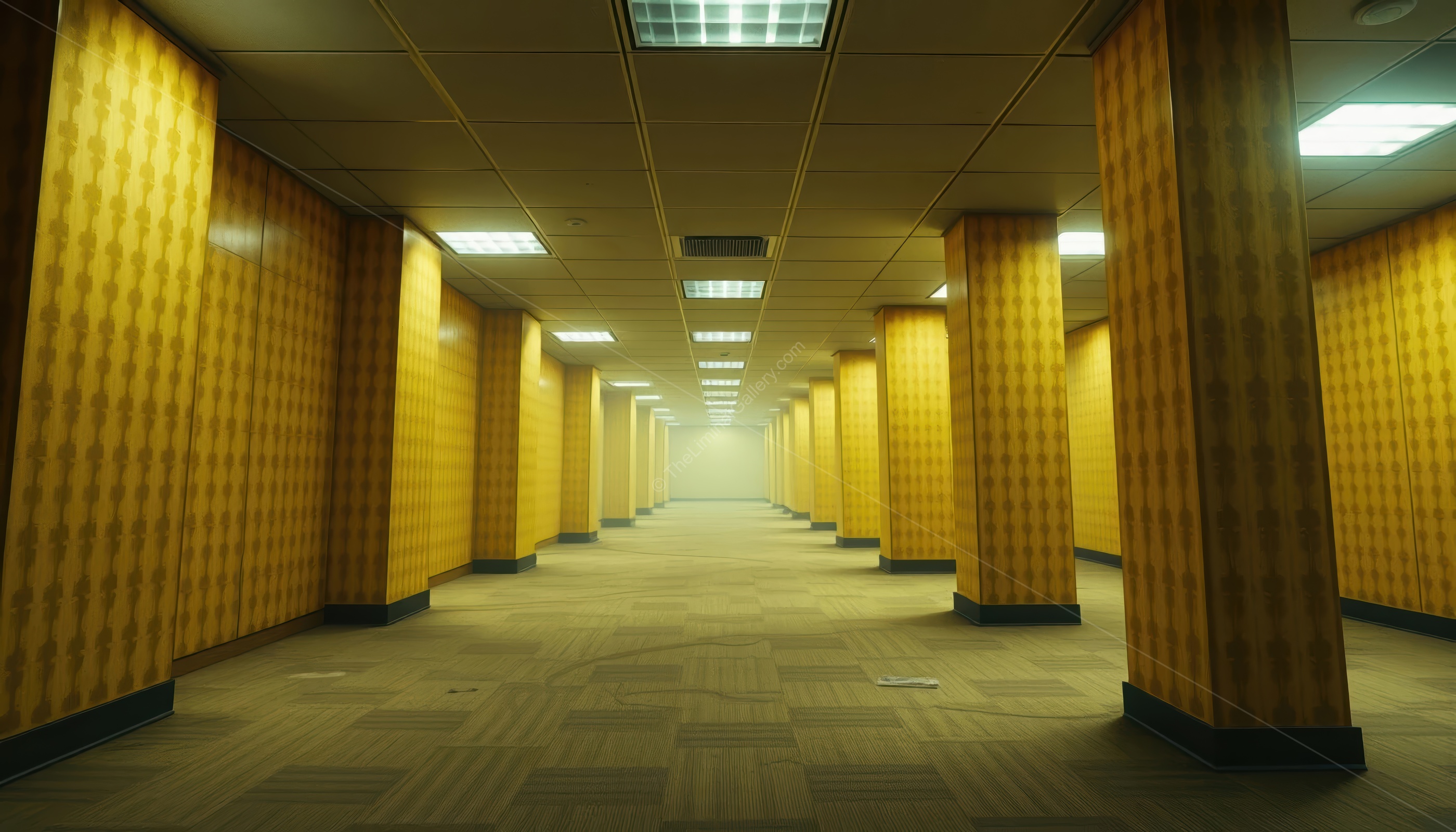 The repeating pillars emphasize the unsettling repetition and vast scale of Level 0, The Lobby.