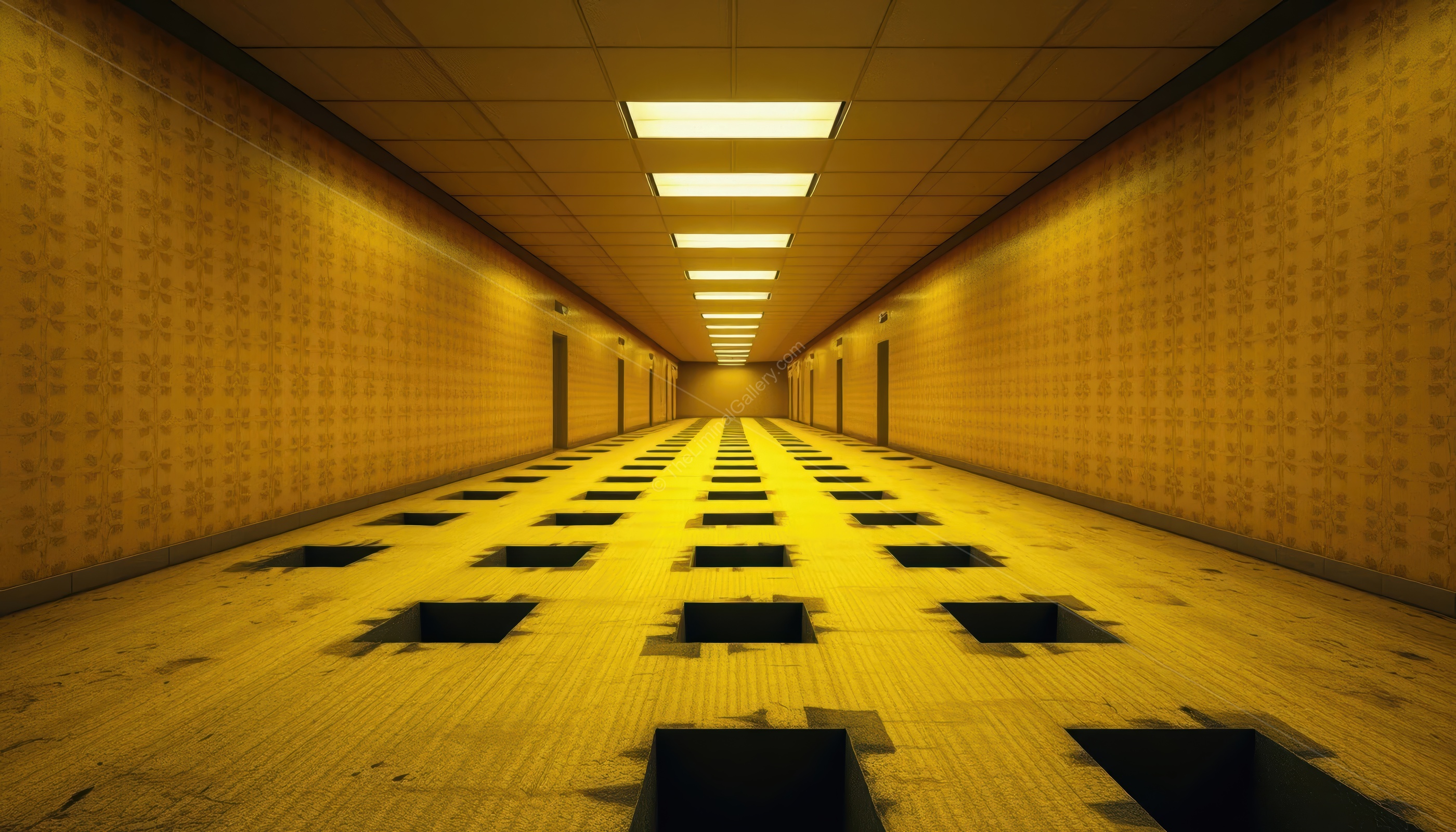 A gaping void cuts through the floor of Level 0, adding a terrifying and unsettling element to the liminal space.