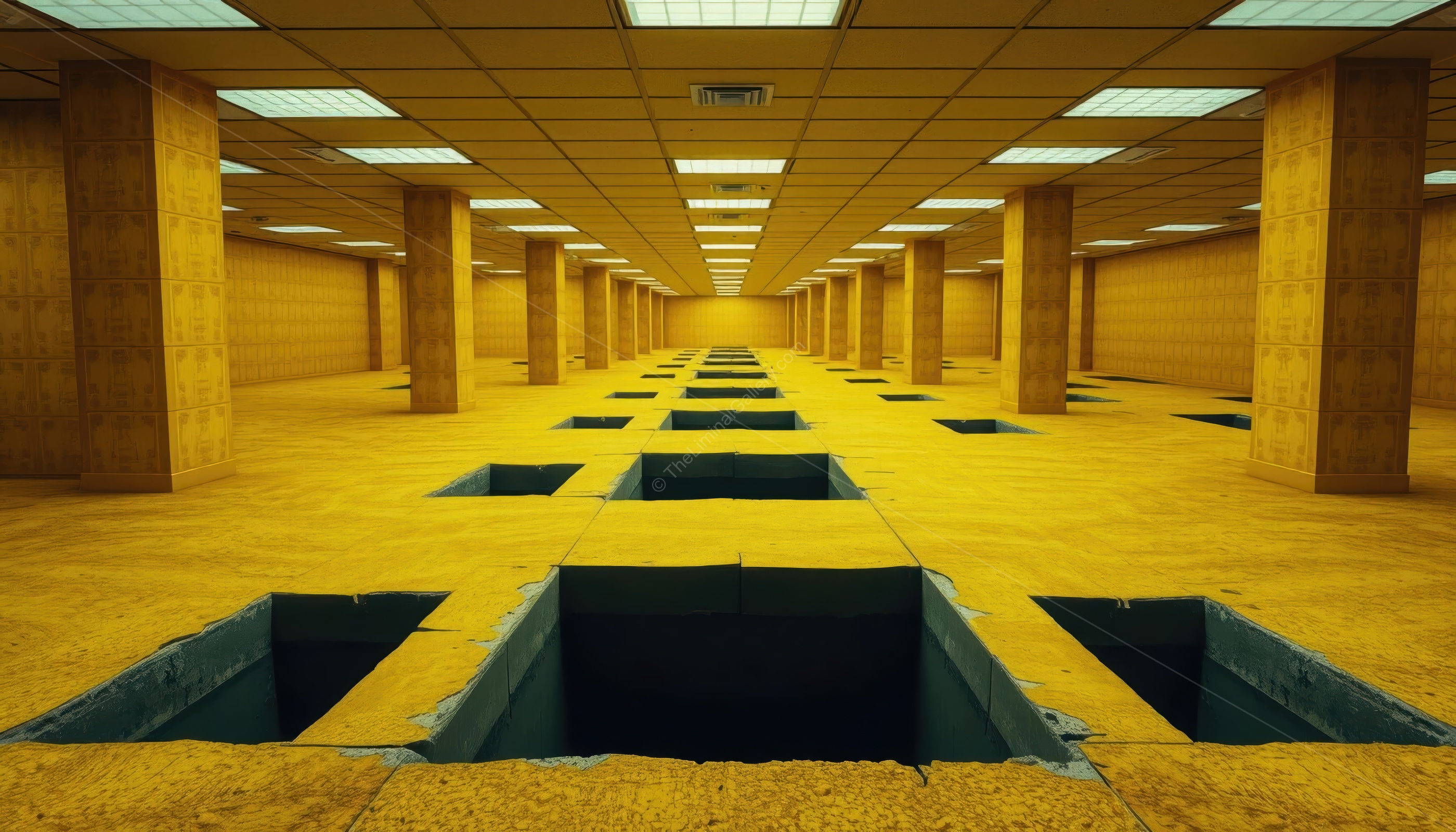The abyss creates an unsettling contrast with the mundane surroundings of Level 0, The Lobby.