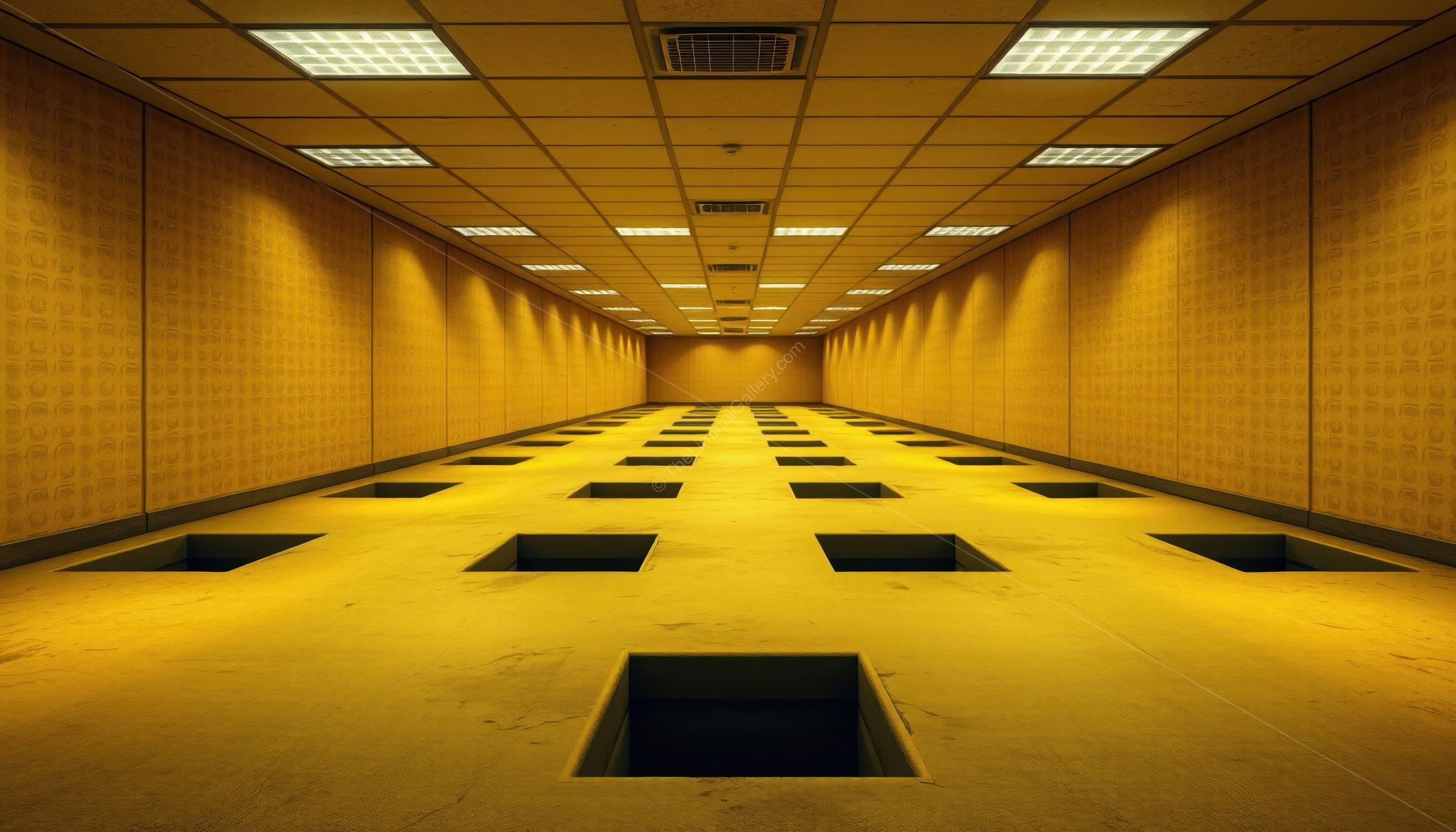 The dark pits disrupt the normal geometry of Level 0, creating a sense of unease and disorientation.