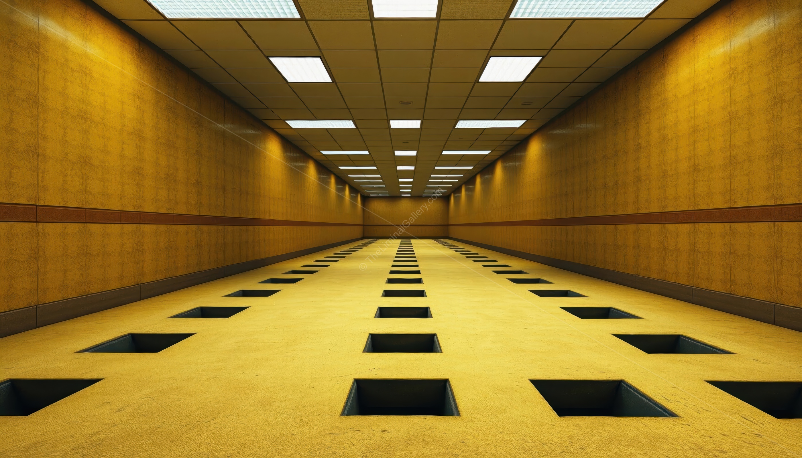 The dark and seemingly bottomless pits disrupt the feeling of safety in Level 0, The Lobby.