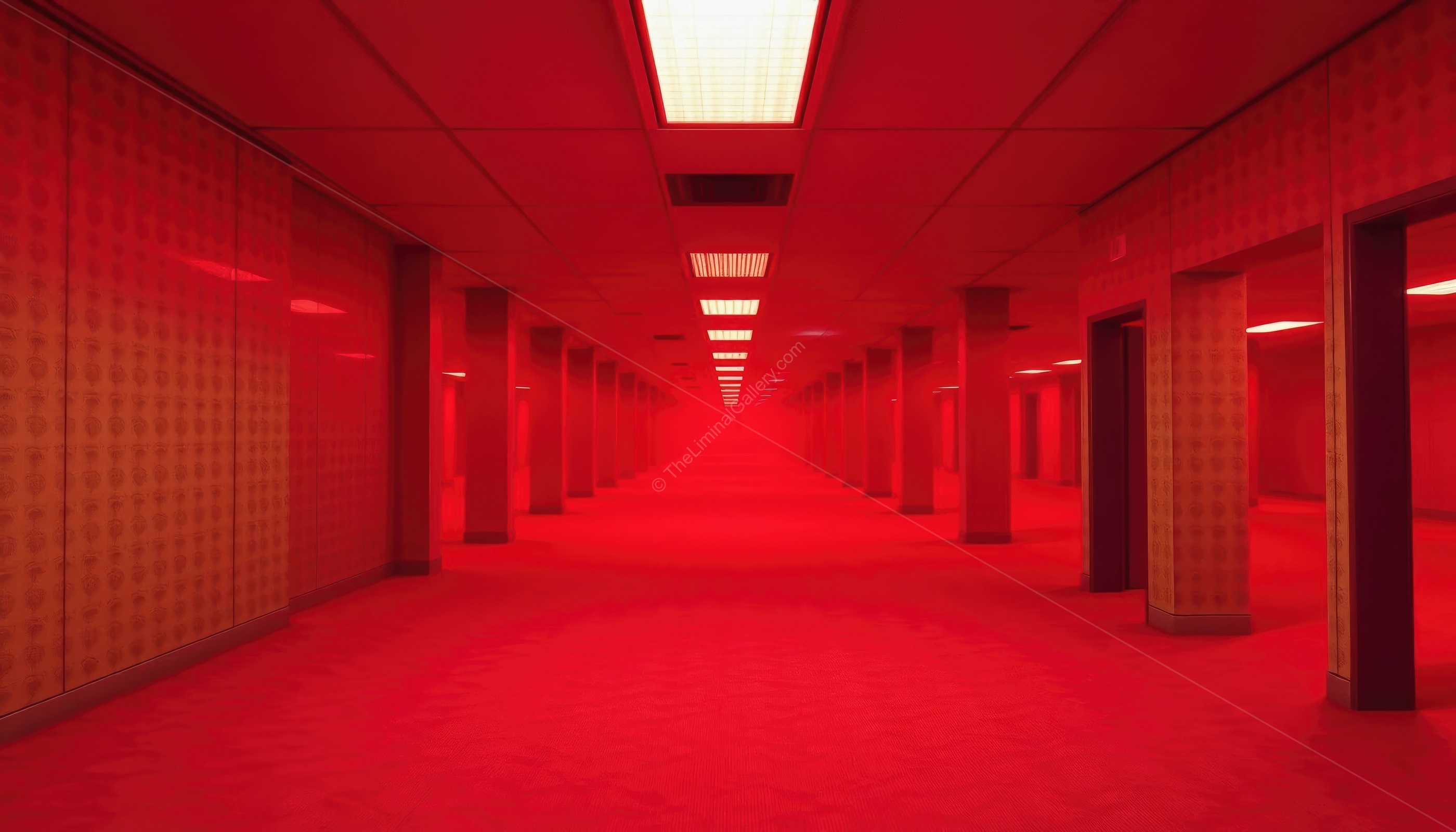 Red-tinged rooms in Level 0, The Lobby, capturing the unnerving and disorienting atmosphere of the Backrooms.