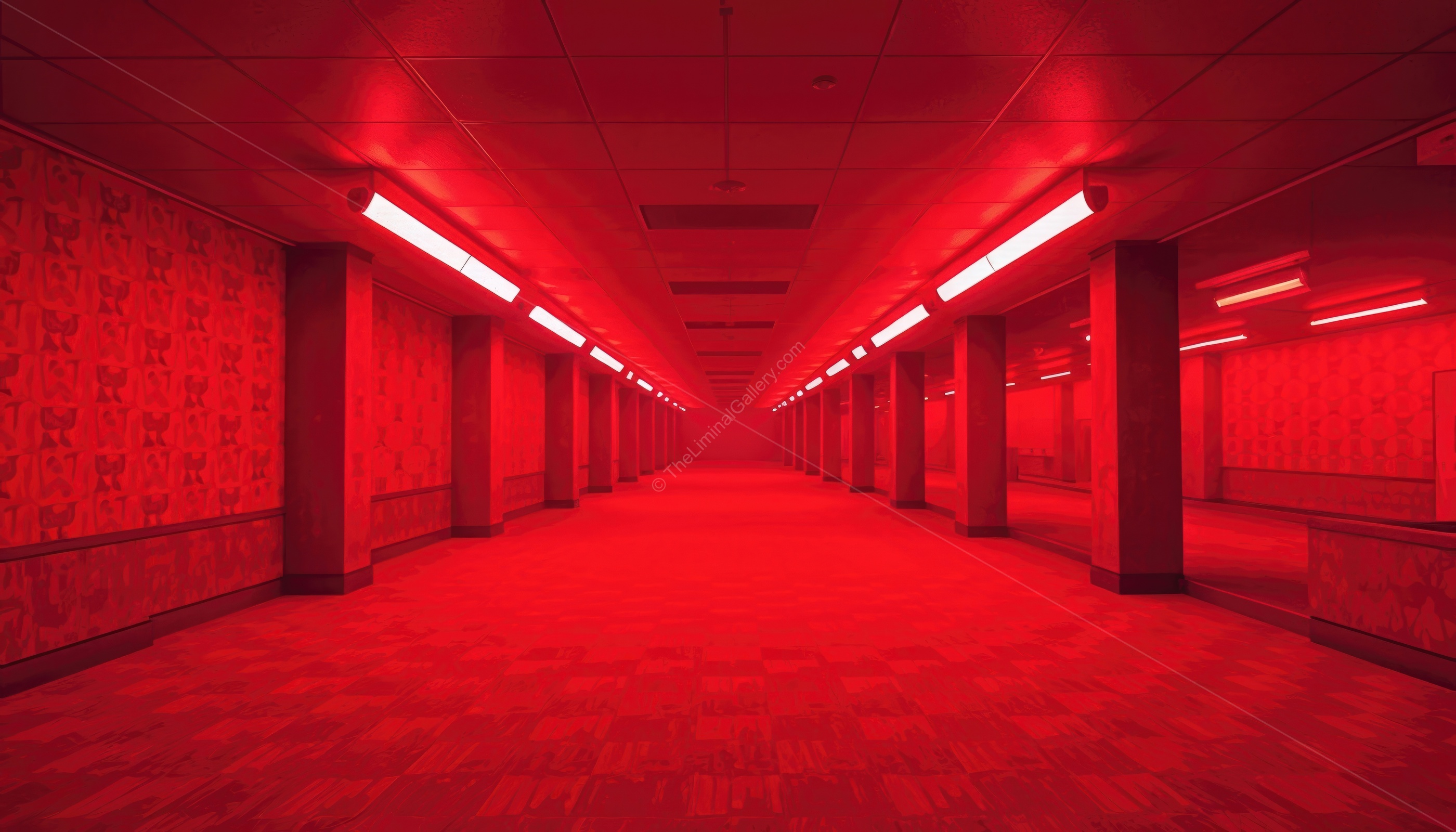 A disturbing, ominous glow emanates from these red rooms, hinting at the altered reality of the Backrooms.