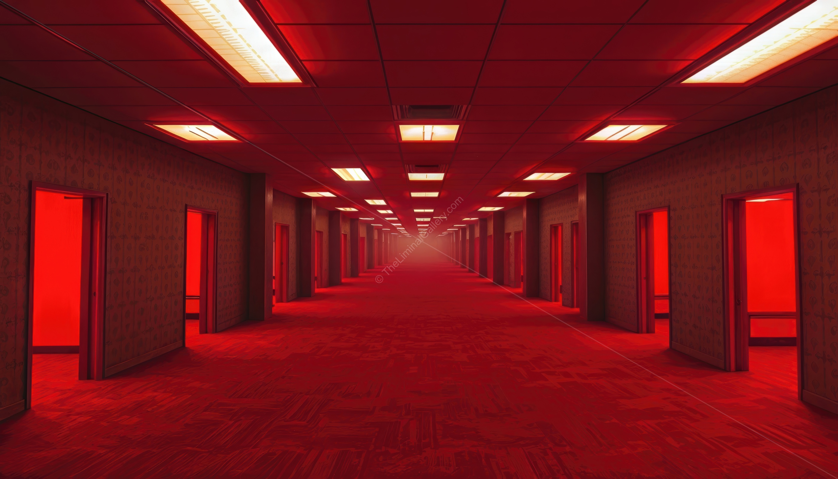 The harsh red light distorts the familiar structures of Level 0, The Lobby.