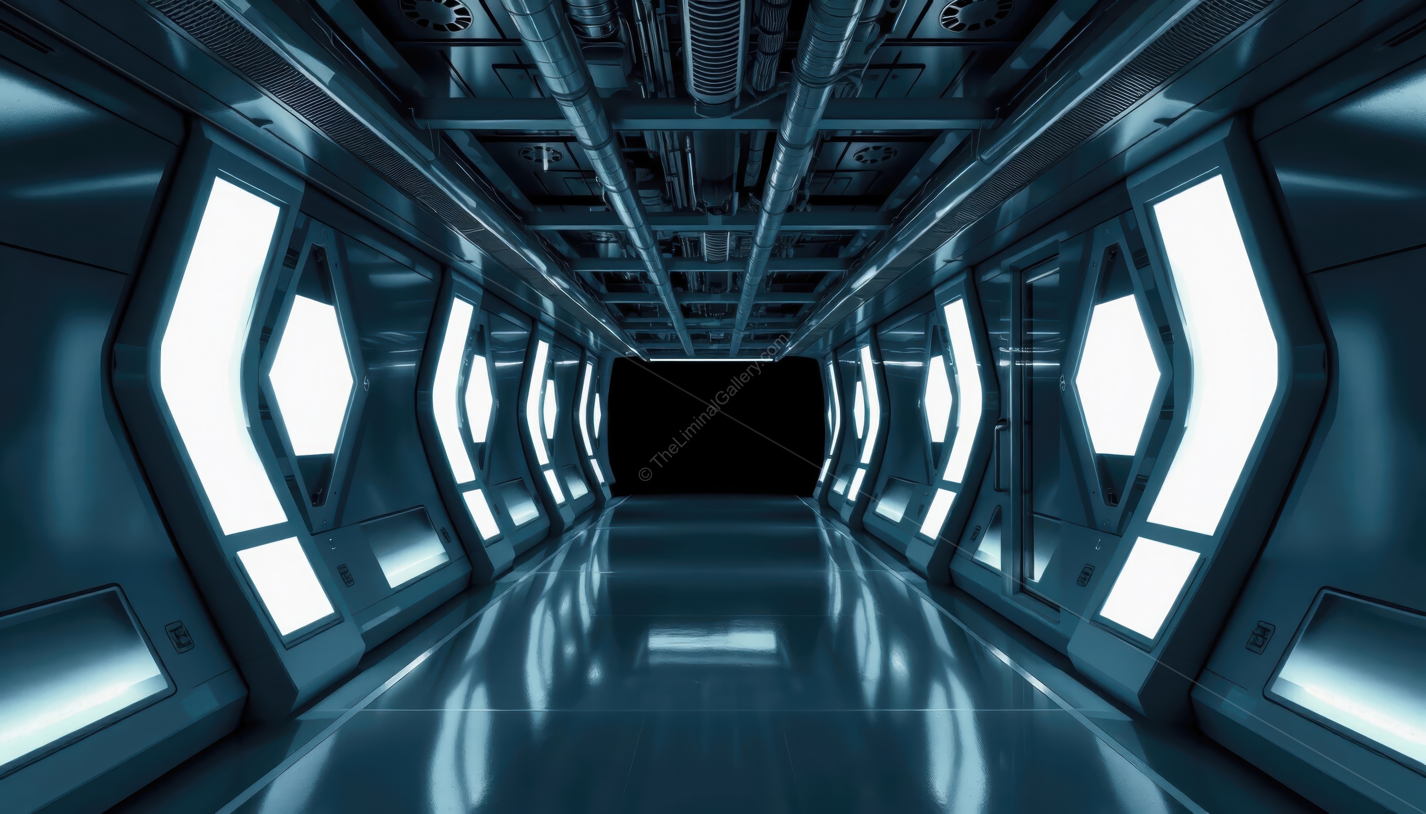 Sleek, minimalist corridors of Level 15, Futuristic Halls, combining sci-fi elements with the emptiness of liminal spaces.