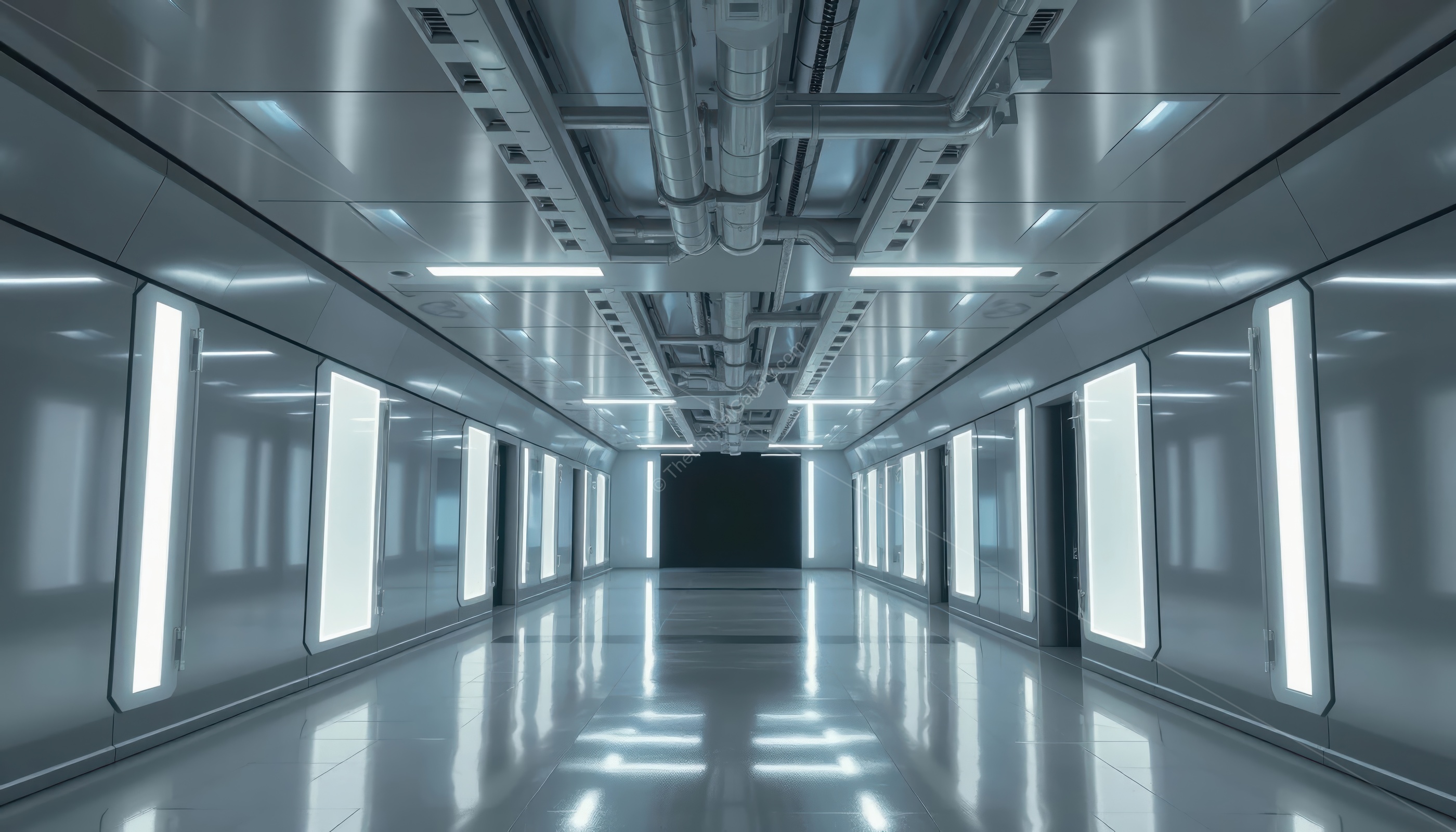 The sleek, empty corridors of Level 15 create a sense of cold isolation and futuristic dread.