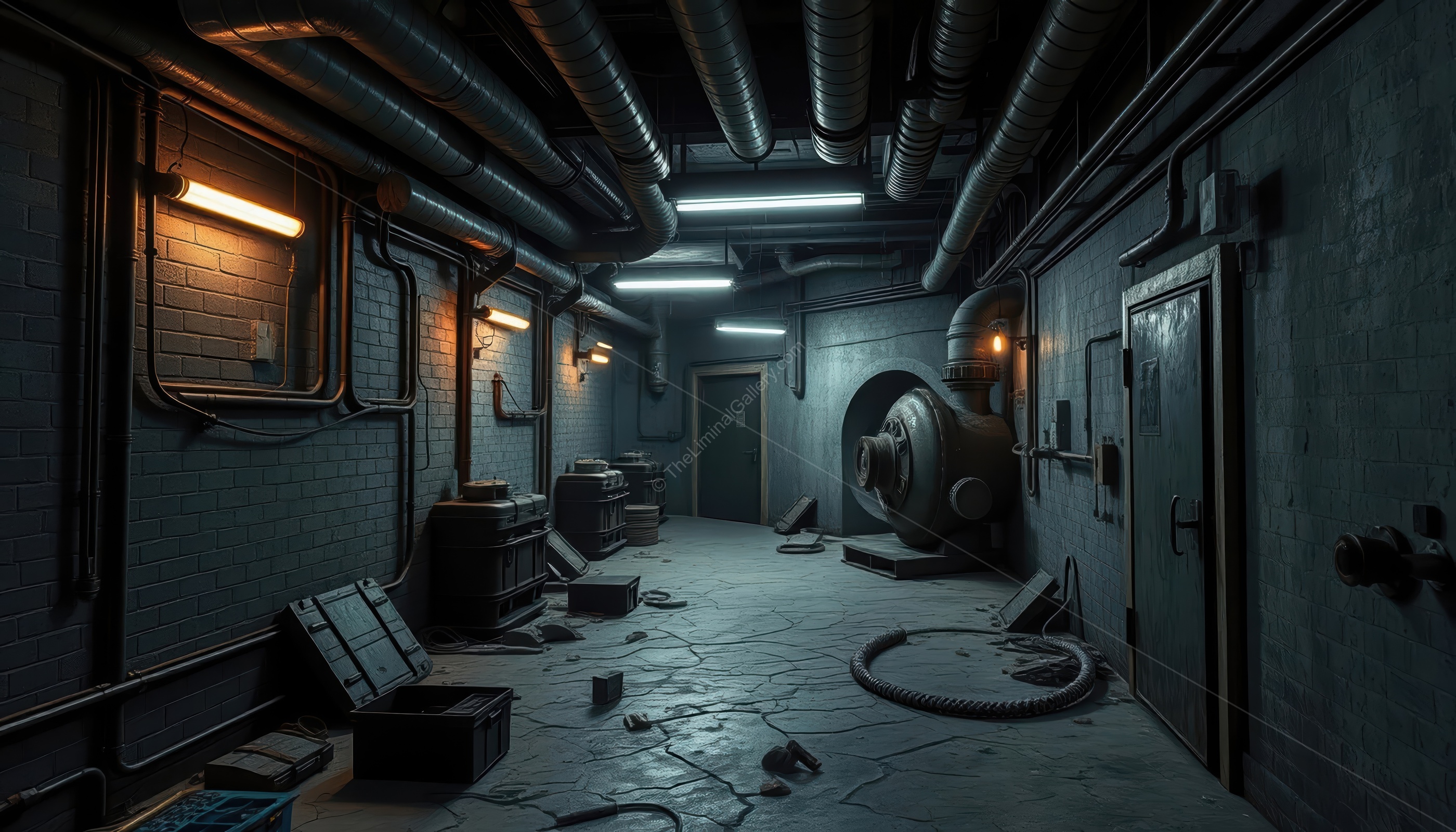 Rusting pipes and decaying walls create a claustrophobic and unsettling environment.