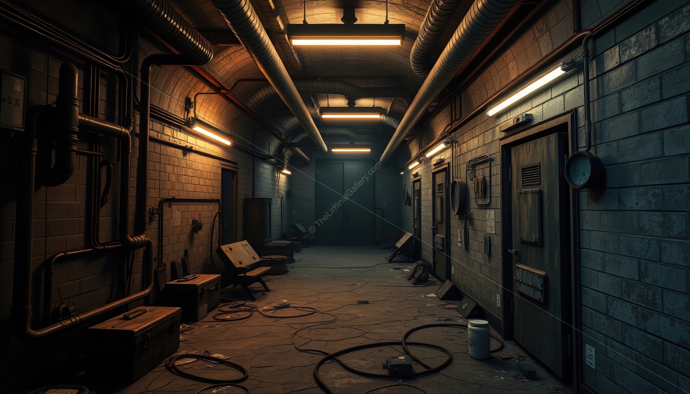 Deserted industrial corridors in Level 2, Abandoned Utility Halls, evoke the cold emptiness of Backrooms aesthetics.