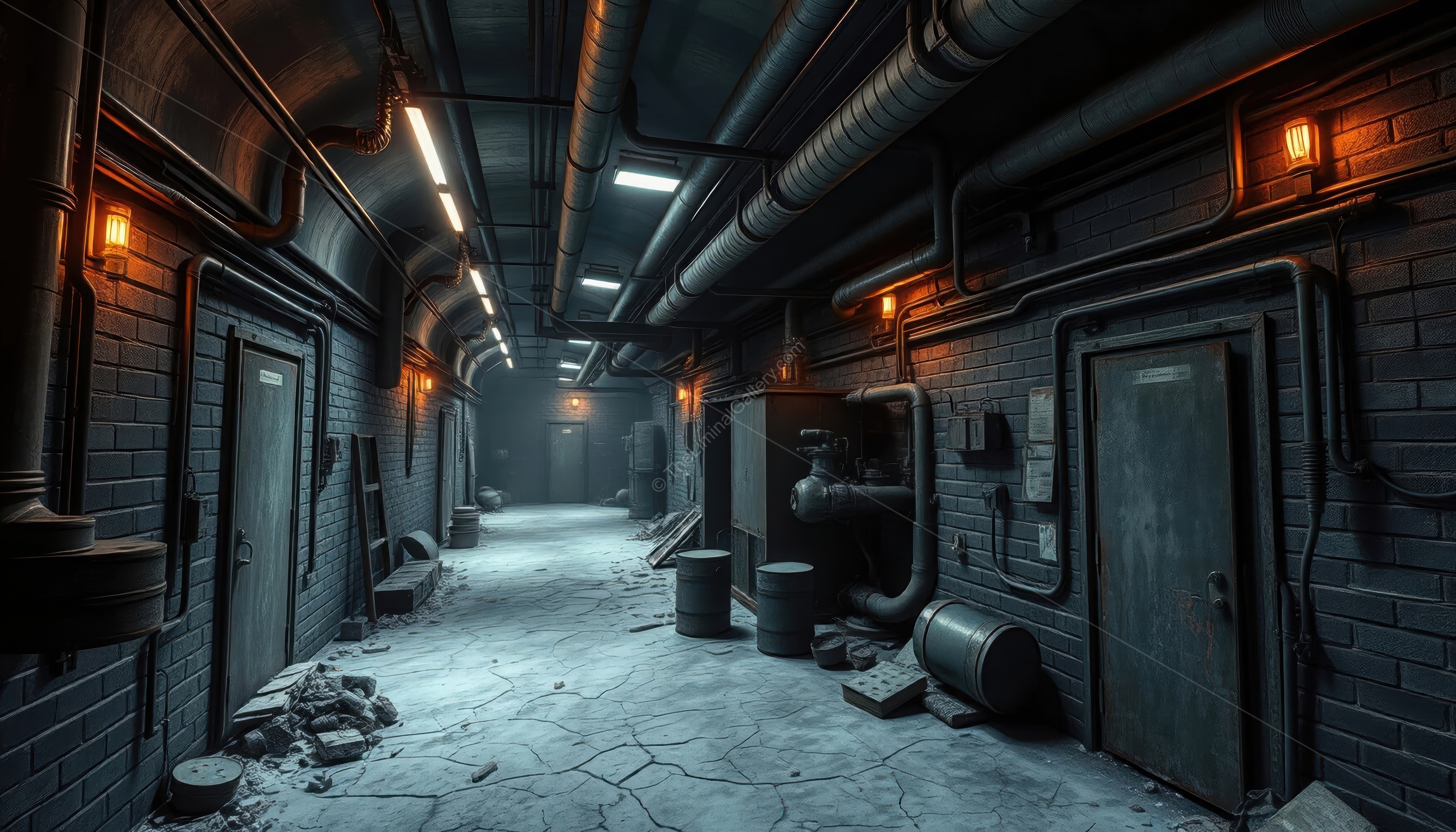 The echoing sounds and dim lighting create a desolate and unsettling atmosphere.