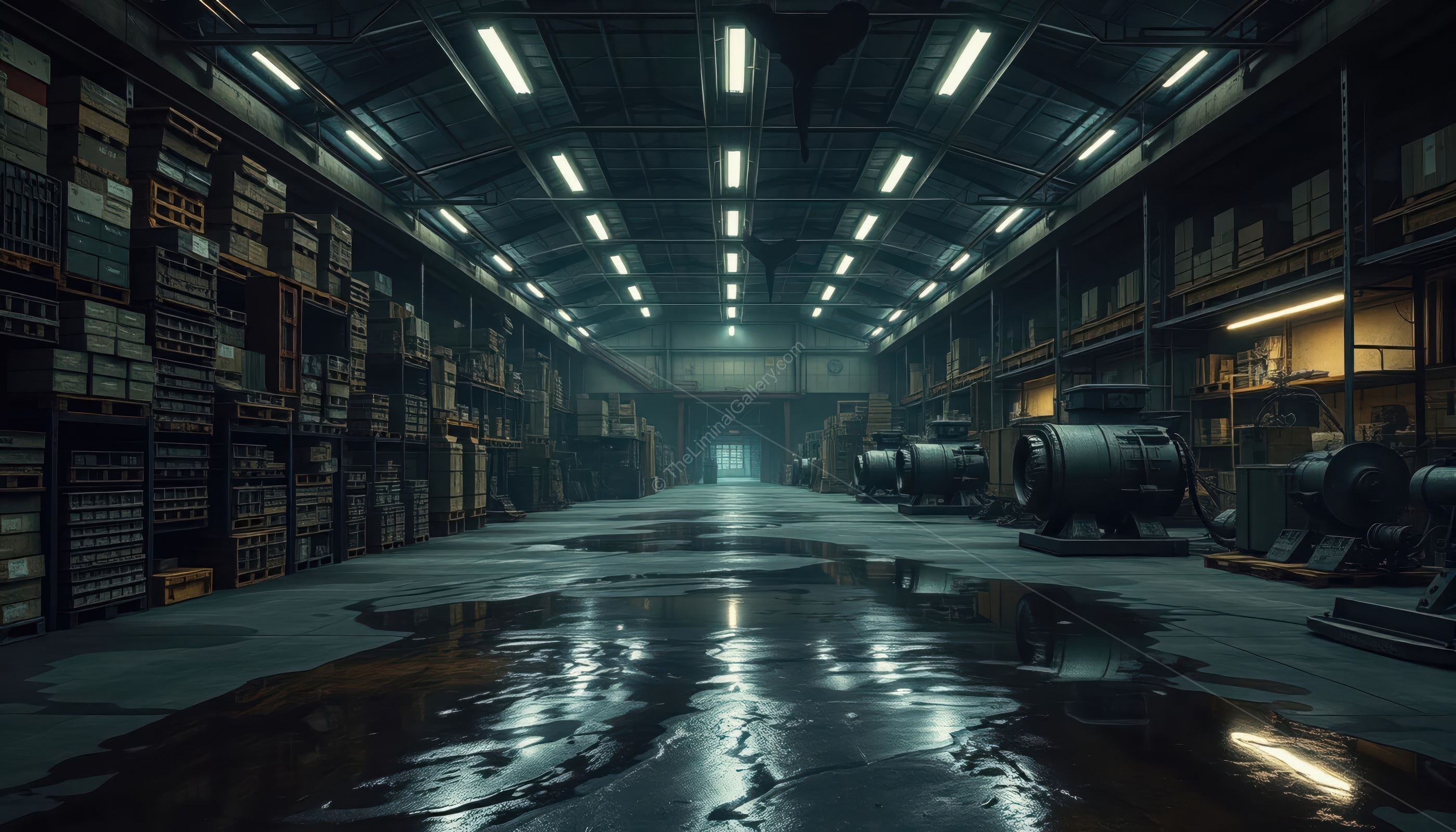 An expansive and empty storage area in Level 20, Warehouse, creating a chilling industrial liminal atmosphere.