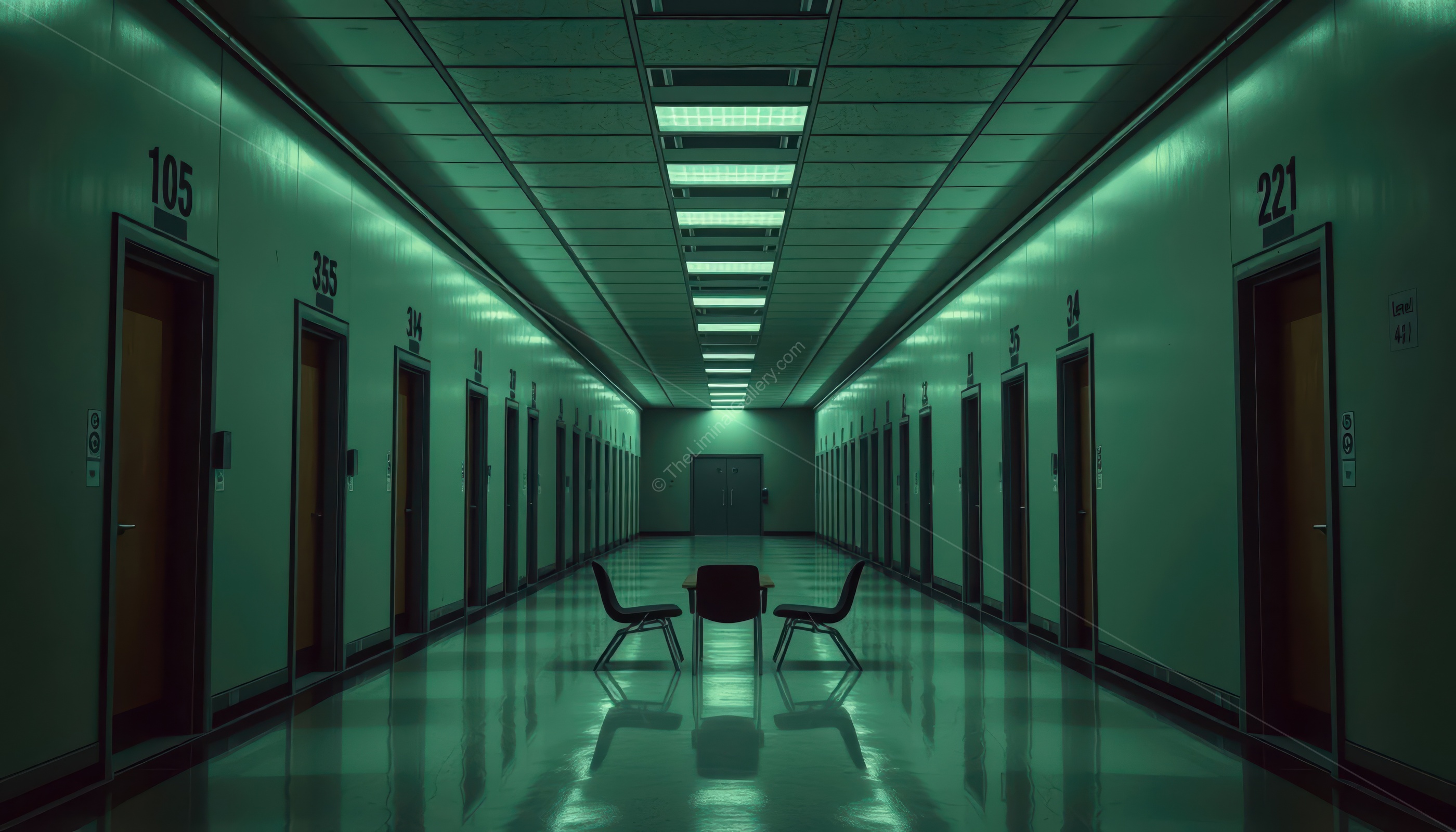 The numbered doors of Level 21 create a sense of mystery and unease.