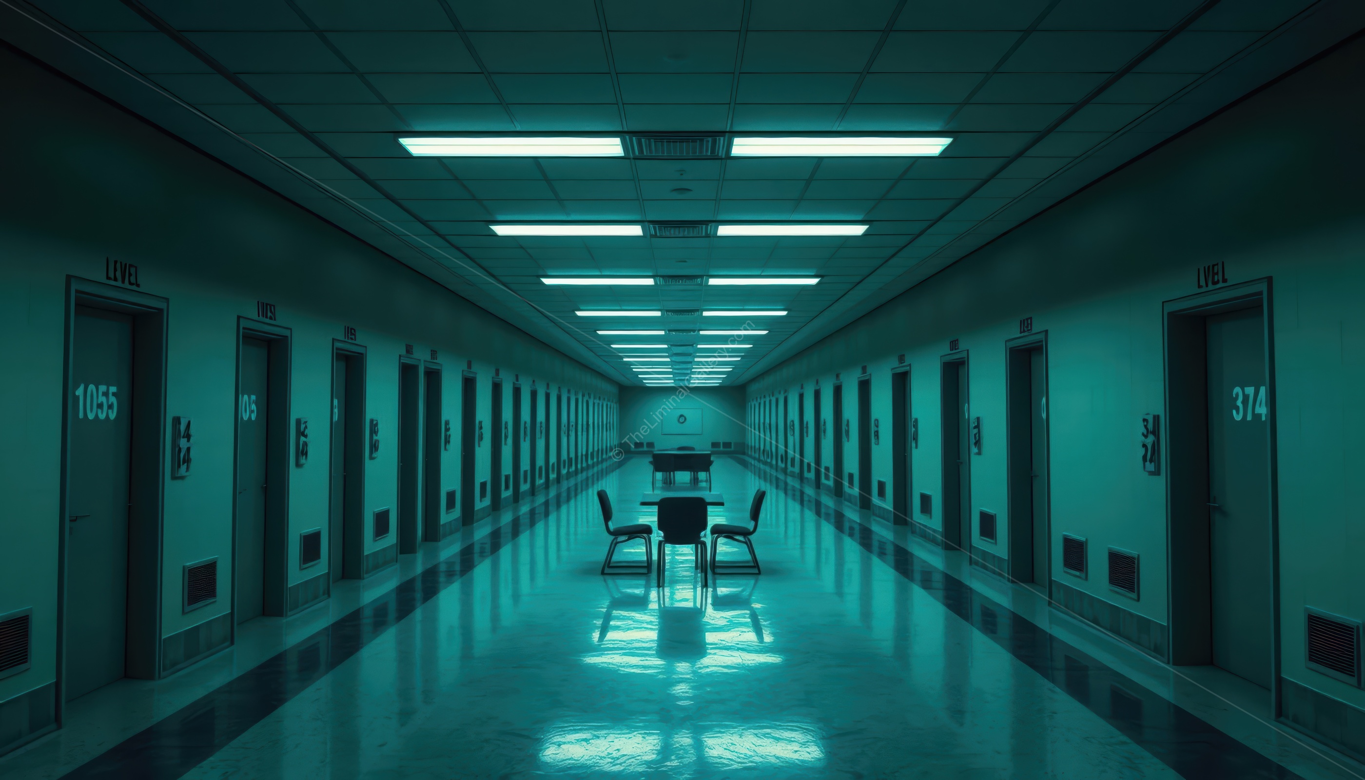 An eerie hallway of numbered doors in Level 21, evoking cryptic mystery and the unsettling Backrooms essence.