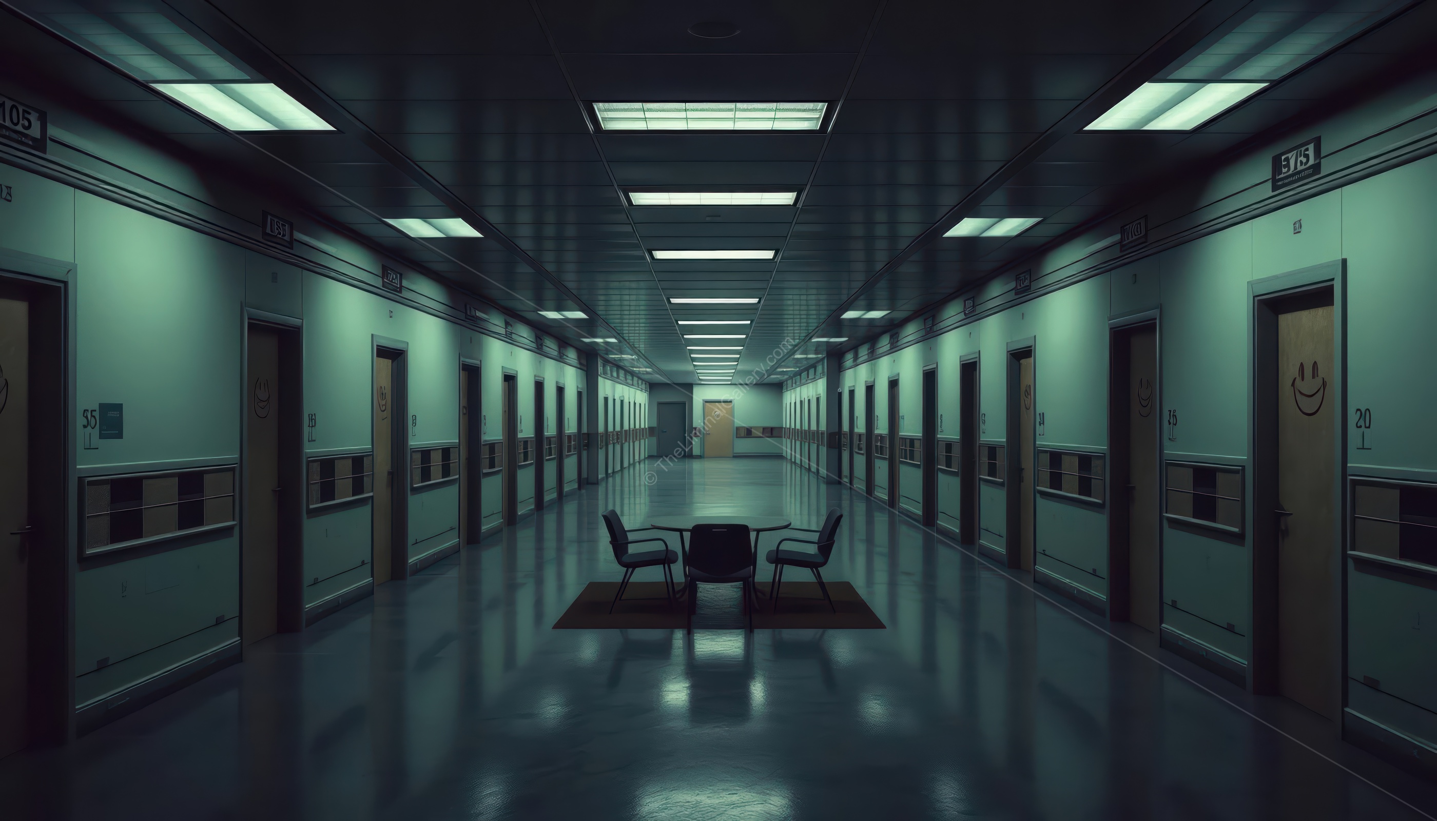 The repetition of numbered doors emphasizes the labyrinthine nature of Level 21.