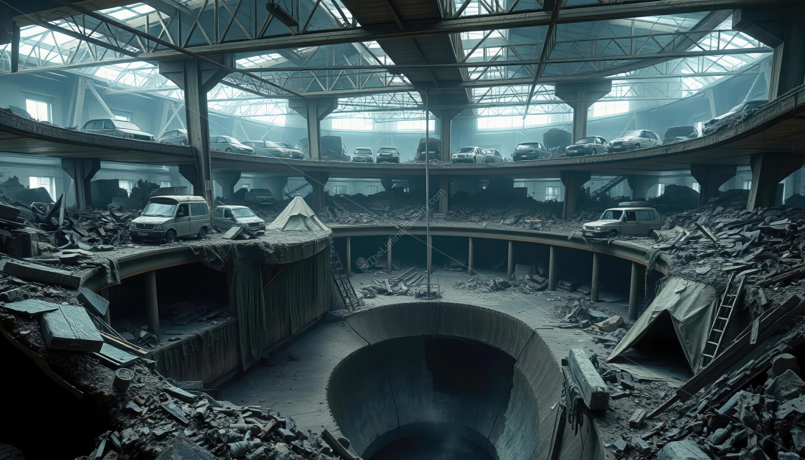 The crumbling architecture and the dim lighting create an uneasy environment.