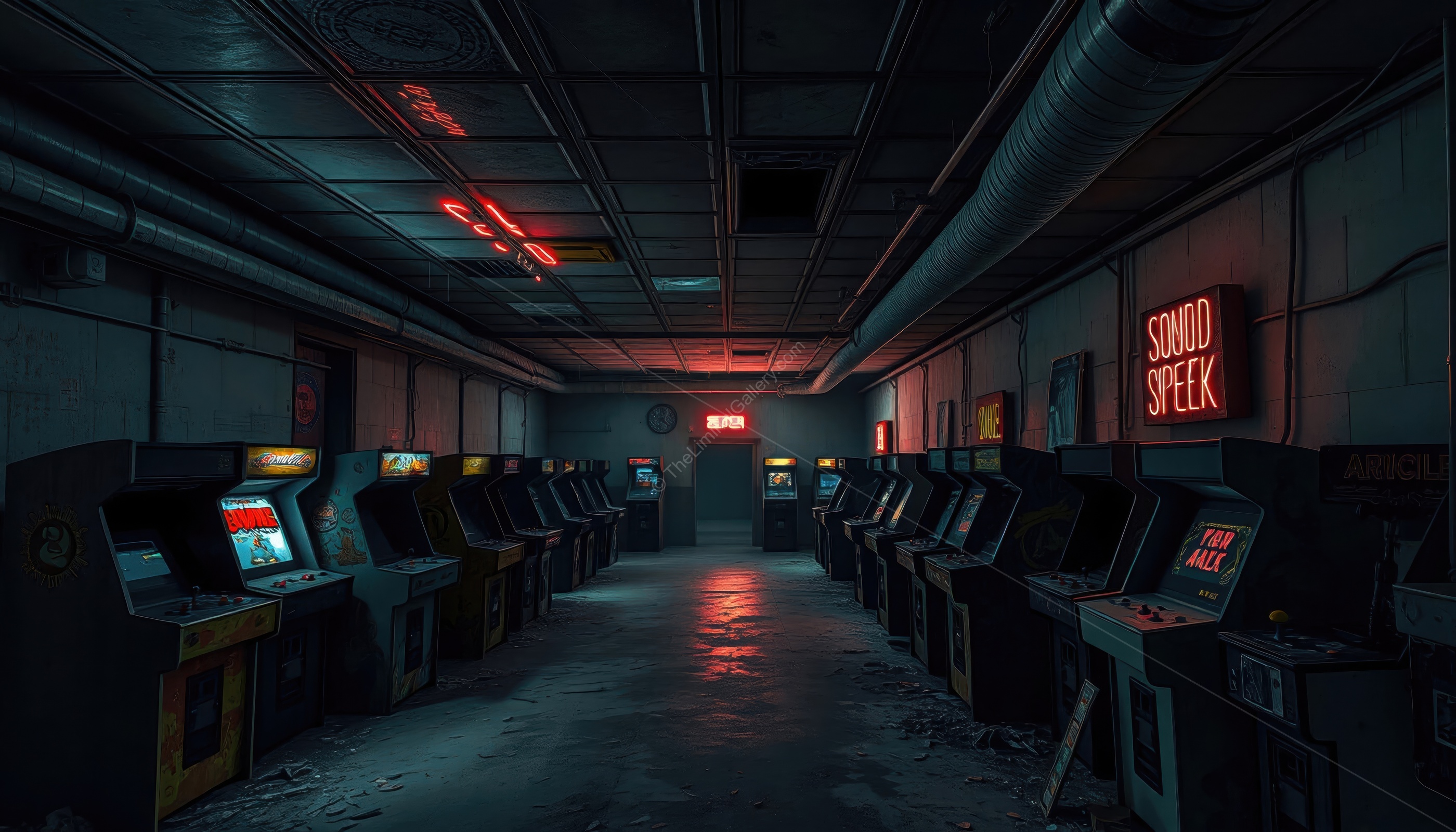 A futuristic central hub in Level 25, The Quarter Hub, featuring geometric designs and liminal crossroads vibes.