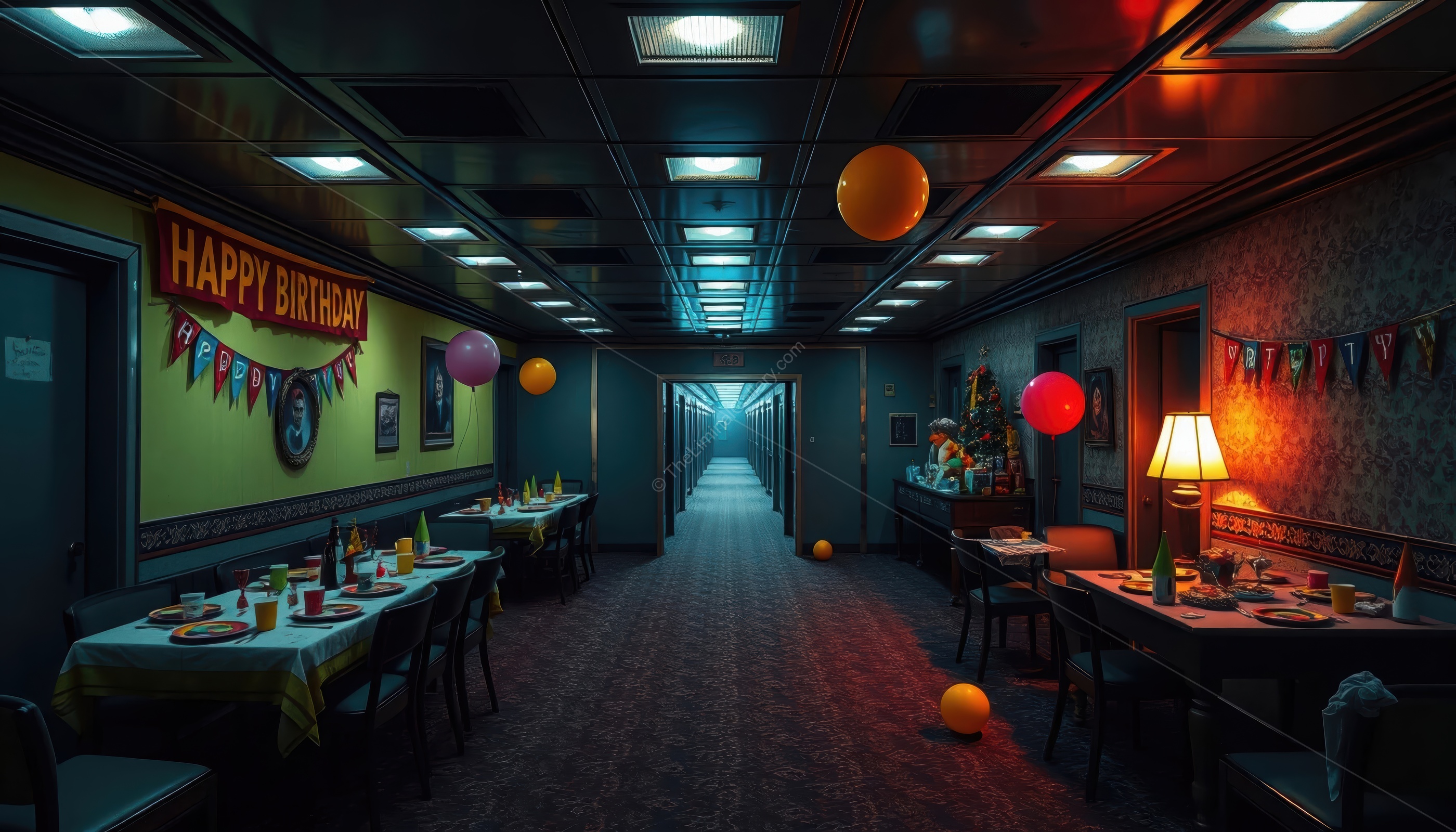 The bright colors and emptiness of the party room create a chilling contrast.