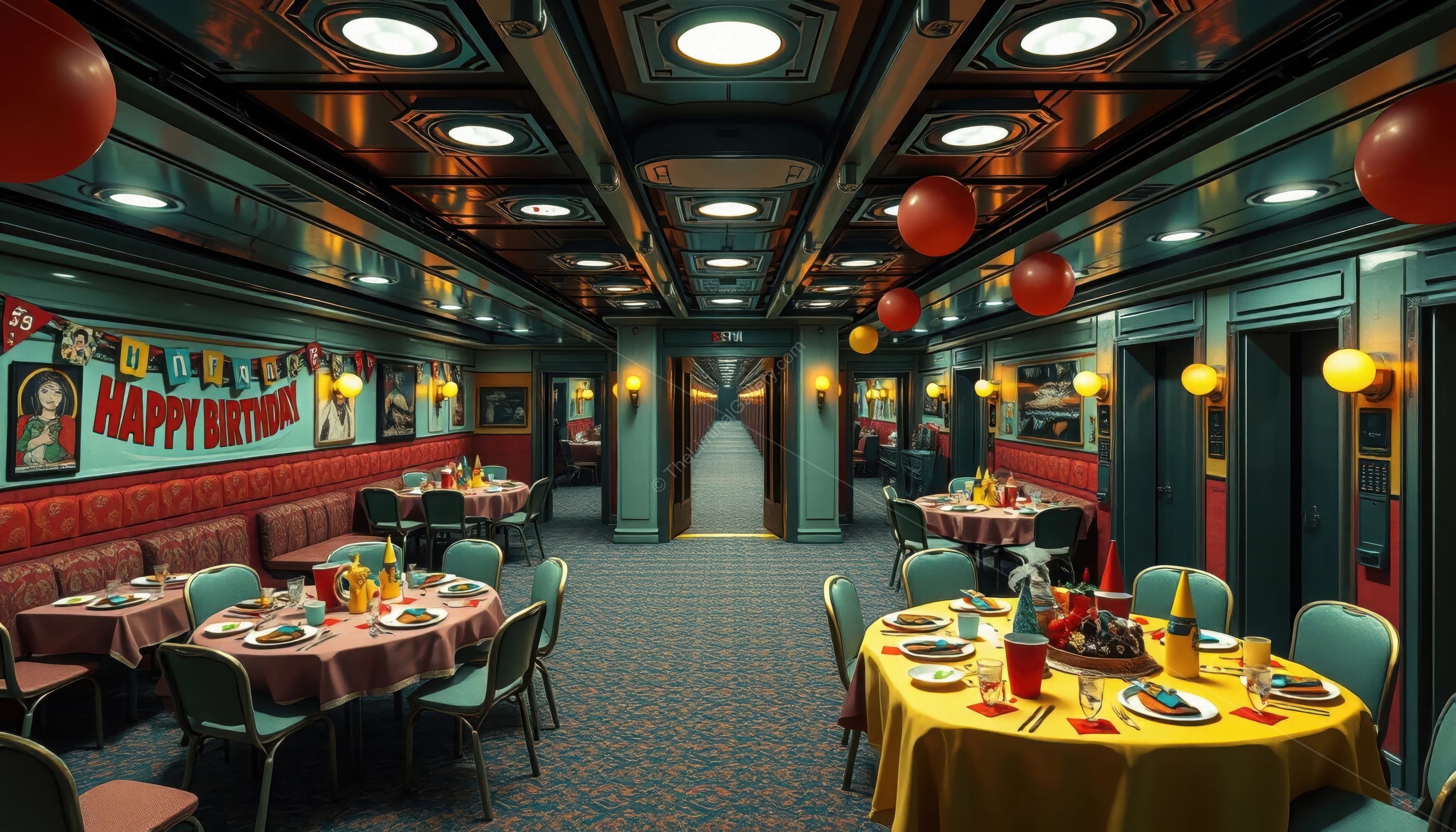 The colorful party room is filled with a sense of impending doom.