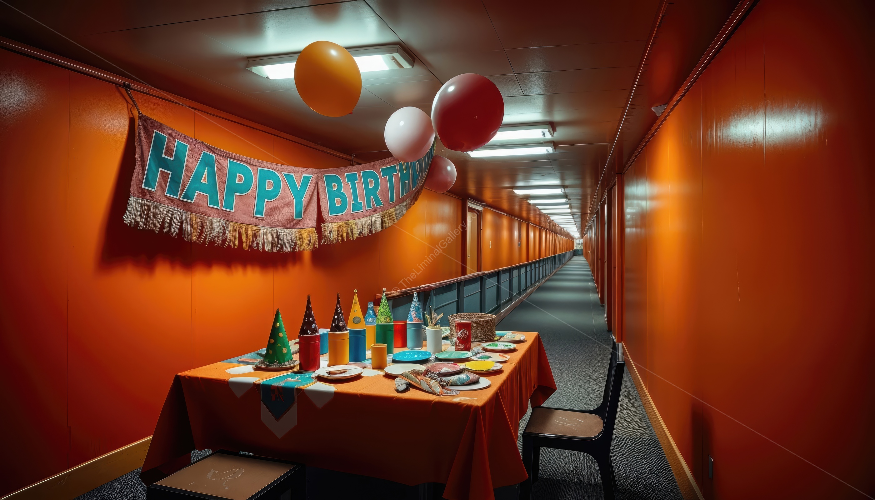 A hauntingly colorful party room in Level 26, The SS Fun =), evoking distorted celebration and surreal unease.