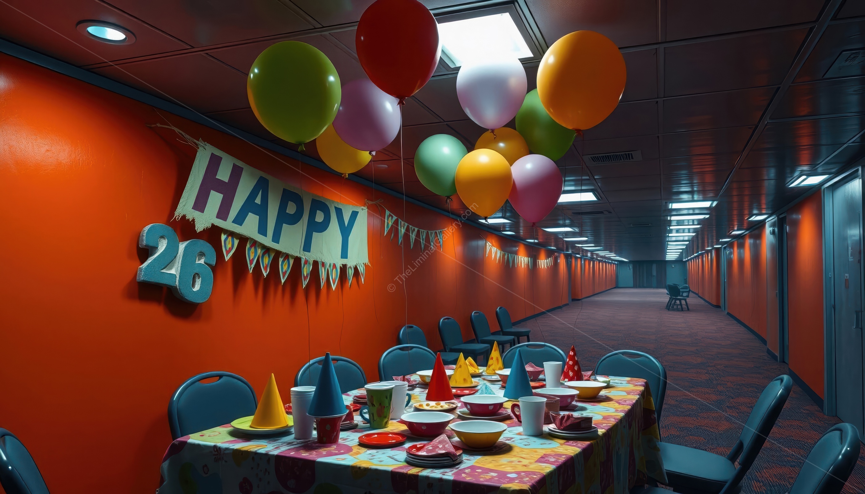 The lively decor of the party room creates a dreamlike, unsettling atmosphere.