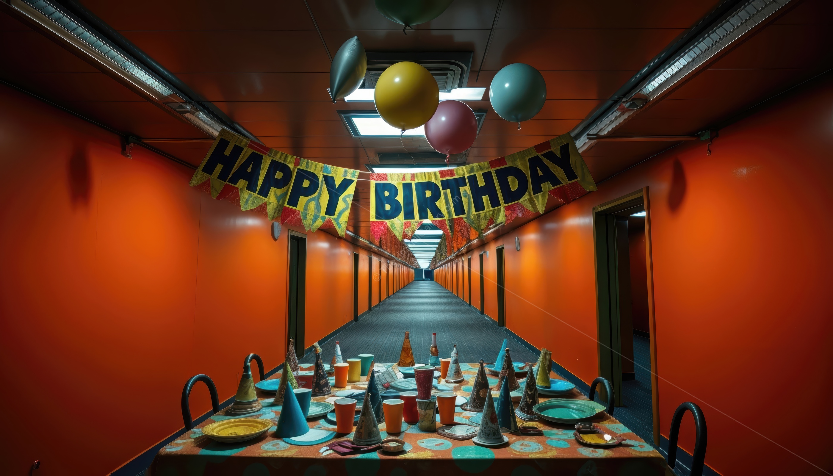 The party room is filled with an atmosphere of distorted celebration.