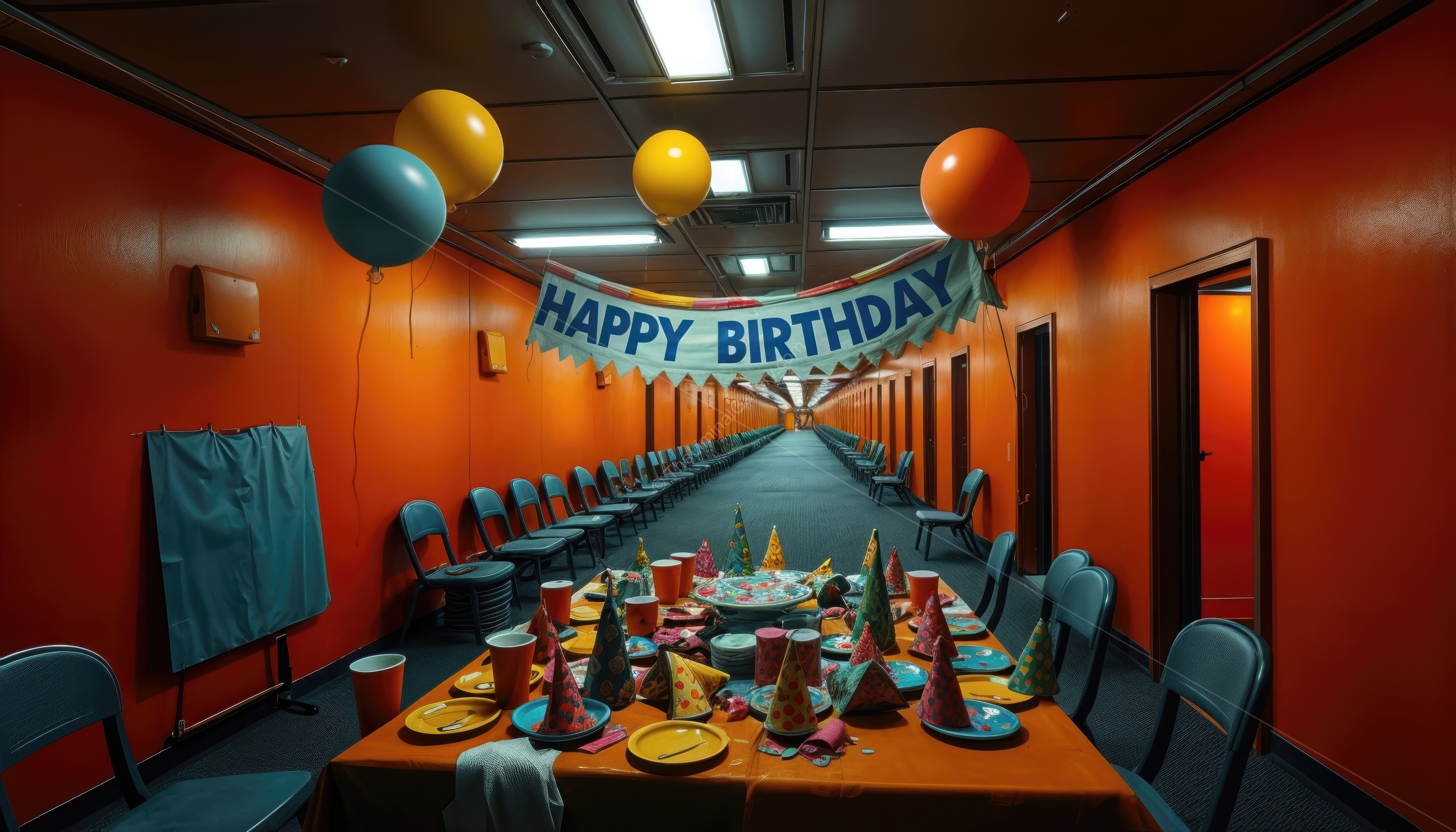 The party room evokes a sense of surreal unease and unsettling memories.