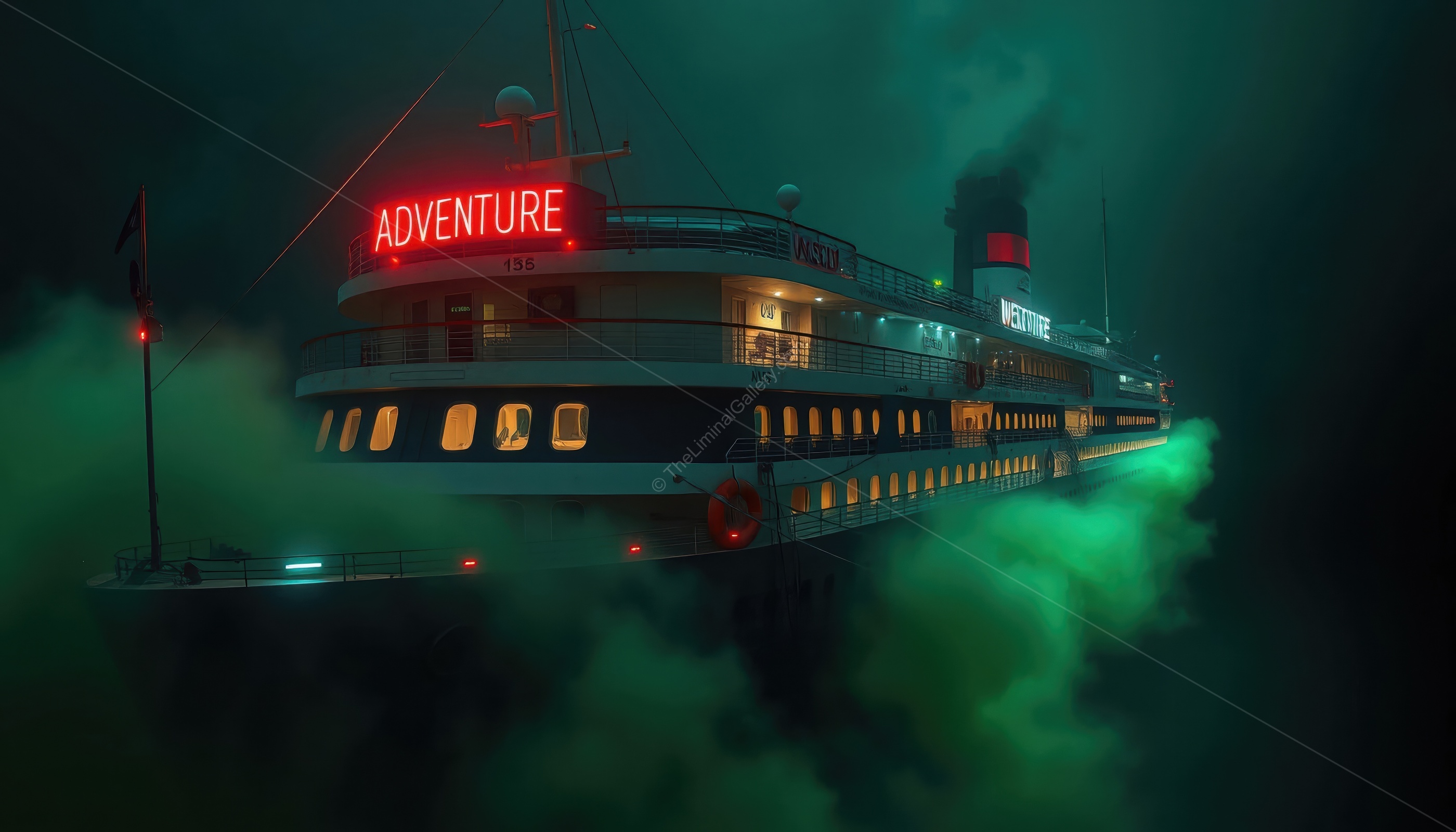 The surreal exterior of Level 26, The SS Fun =), a liminal cruise ship blending whimsy with unease.