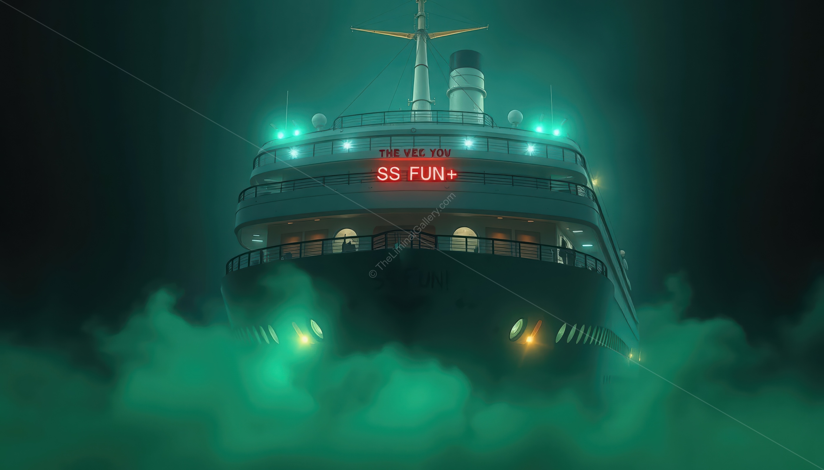 The cruise ship exterior gives off a sense of uneasy whimsy and distortion.