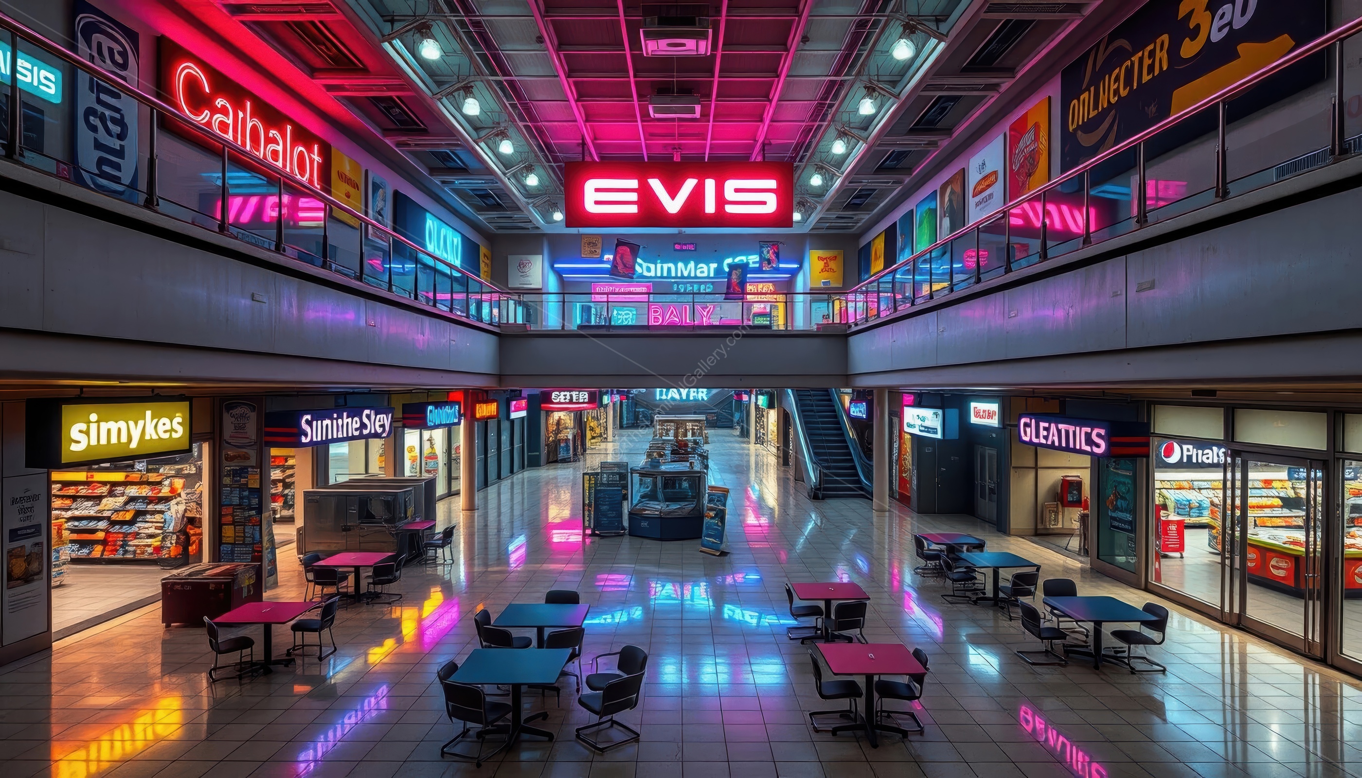 The vast, empty corridors of Level 33 create a sense of consumerist unease.