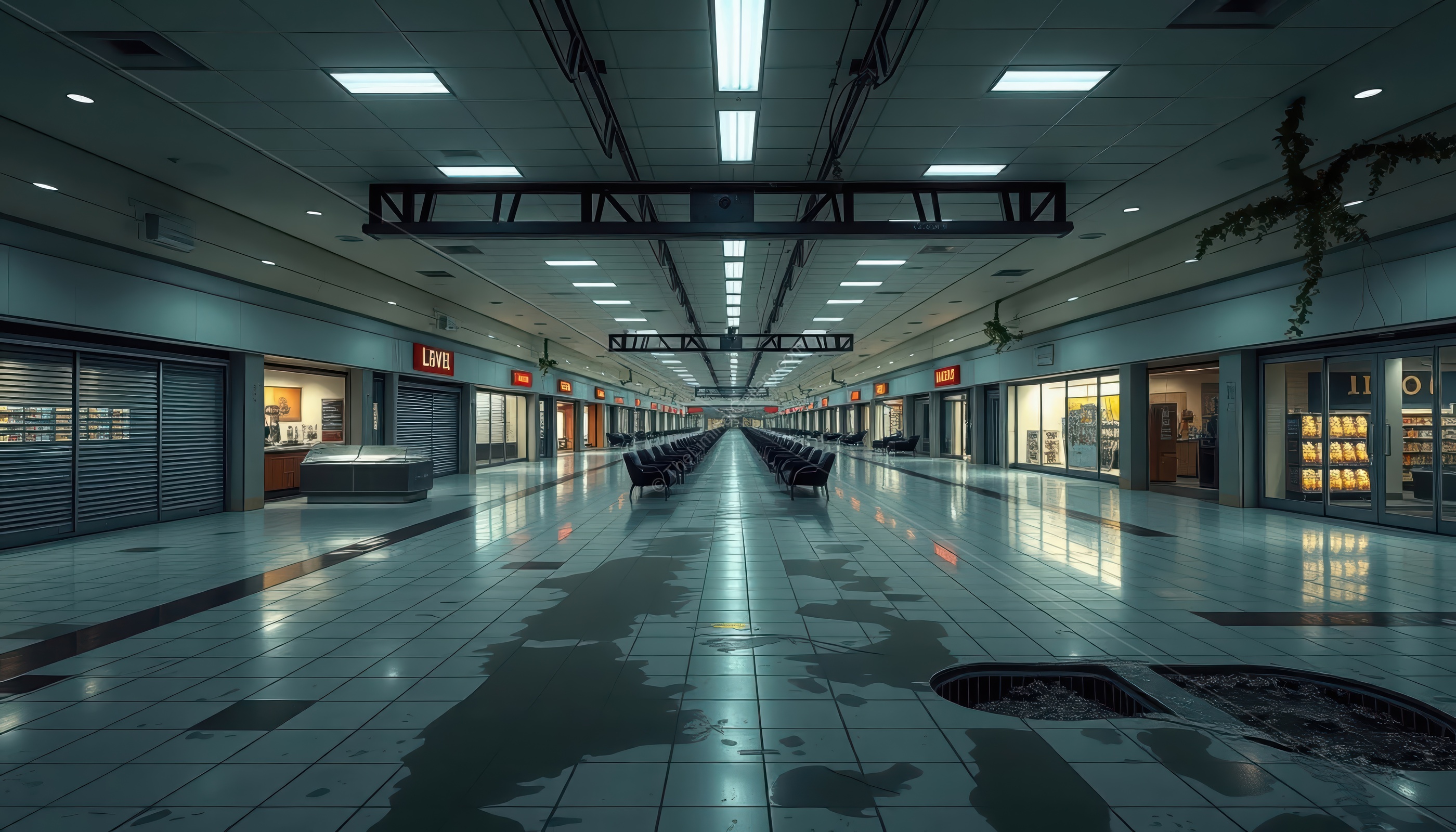 The endless rows of empty stores create an unsettling feeling of consumption.
