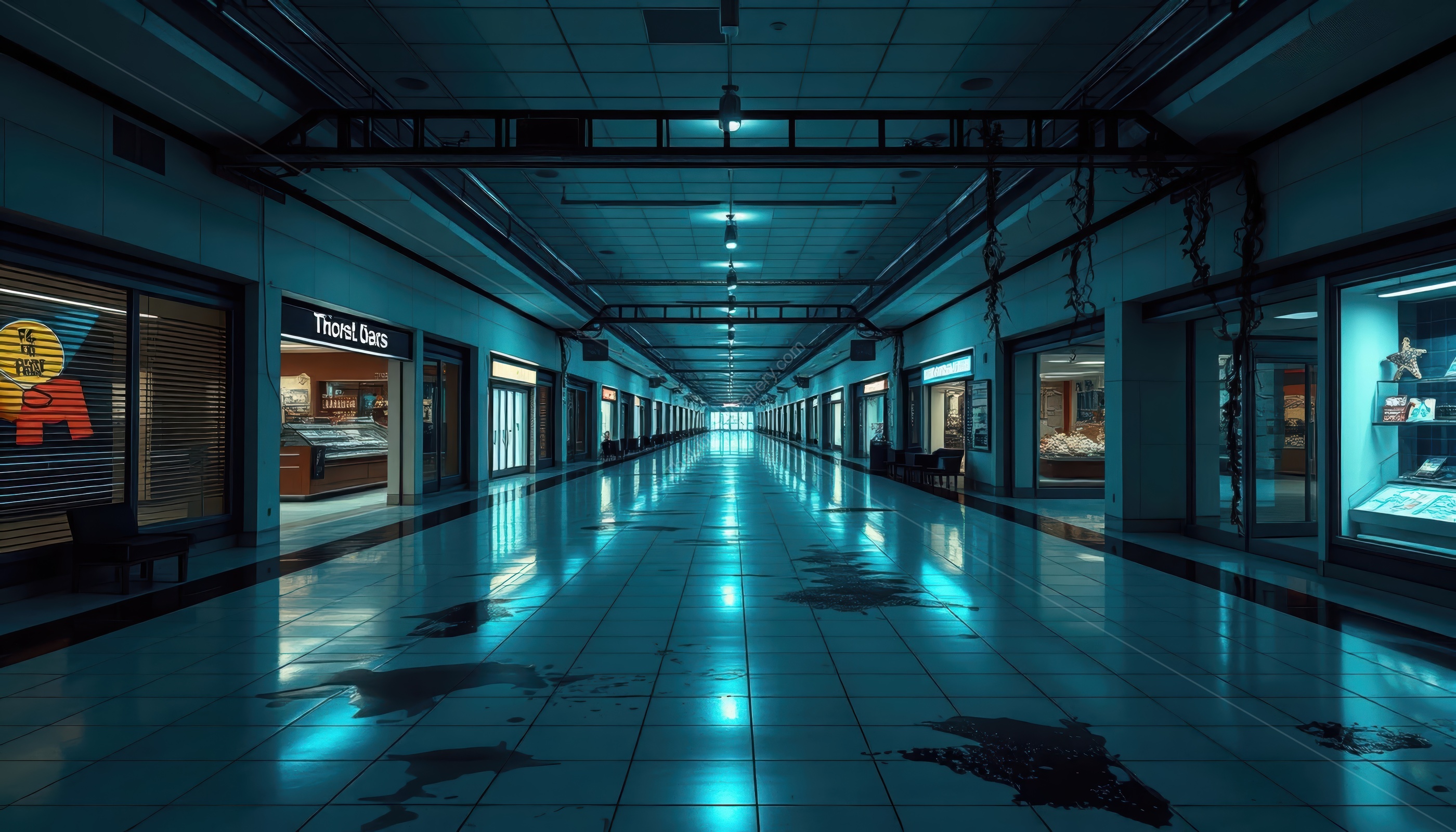 The echoing silence and endless aisles create an unsettling atmosphere.